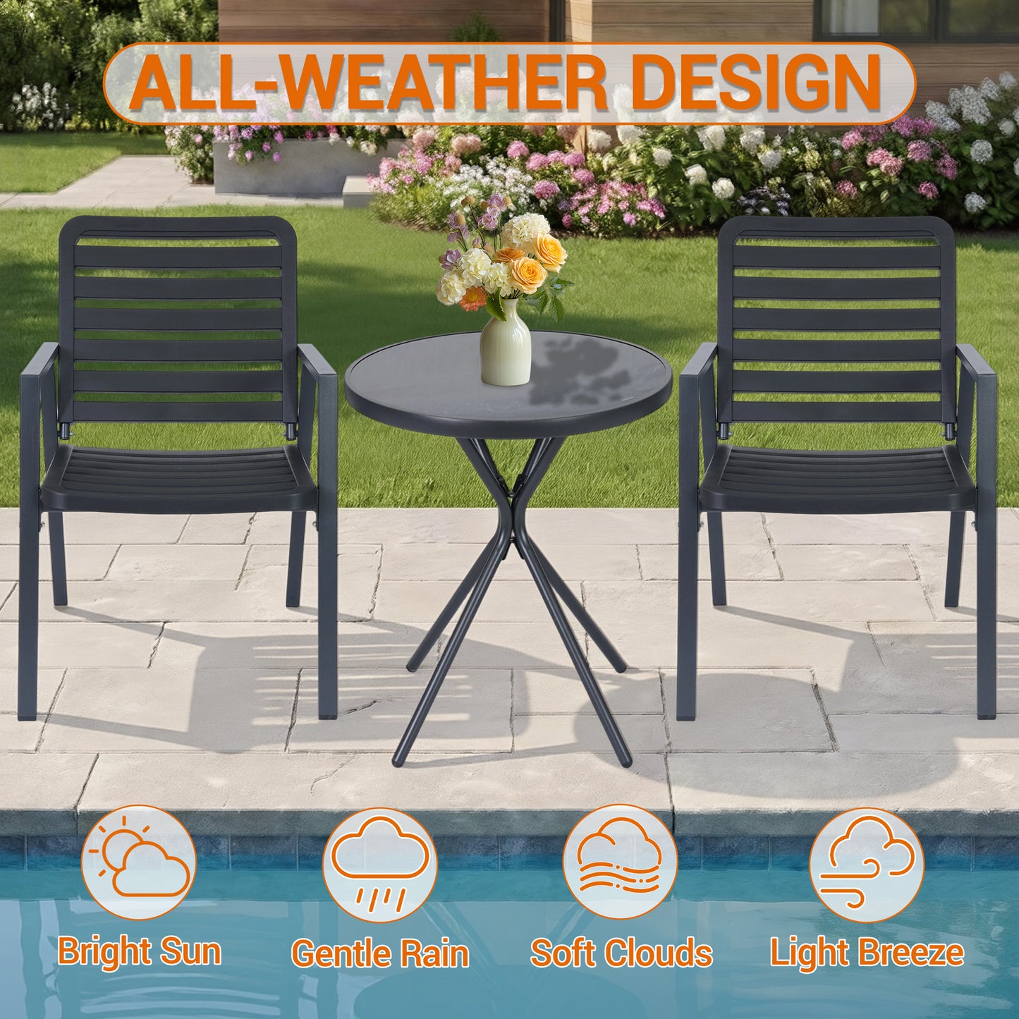 DELMANGO 3 Pieces Bistro Table and Chairs, Waterproof Patio Furniture Set, All-Weather Outdoor Table and Chairs, Balcony Furniture for Porch, Yard, Garden, Black