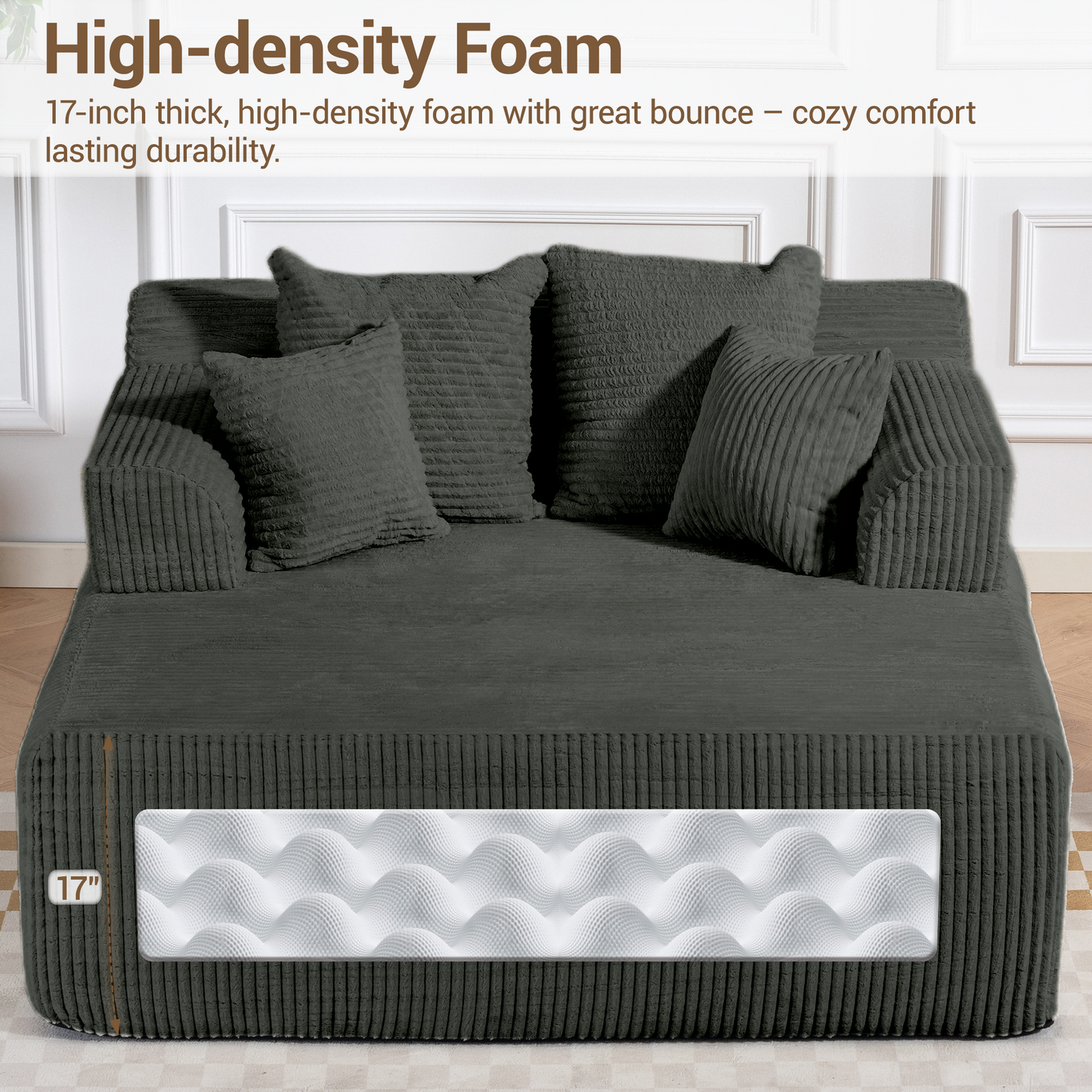 DELMANGO 58" Corduroy Chaise Lounge Chair, Oversized Boneless Sleeper Sofa with Armrests & 4 Pillows, No Assembly, for Living Room, Grey