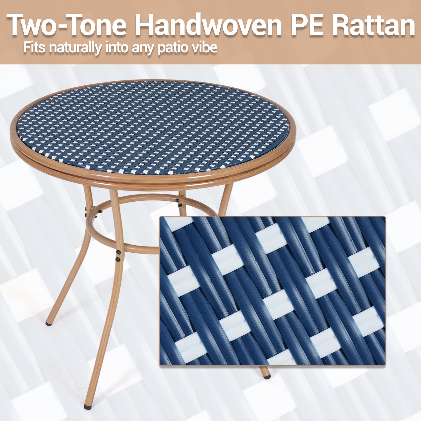 DELMANGO Round Outdoor Bistro Table with Matal Frame and Adjustable Foot Pads for Garden Balcony, Blue/White (Copy)