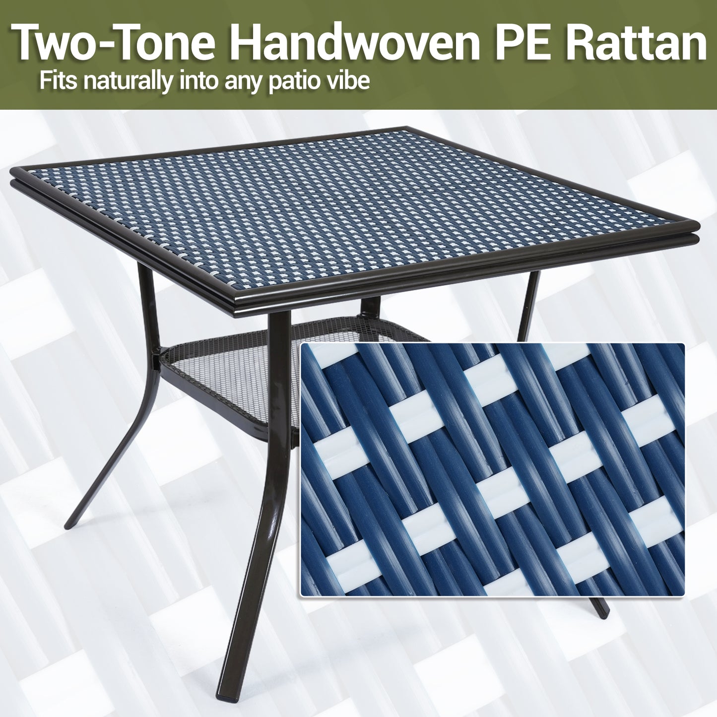 DELMANGO Square Outdoor Bistro Table with Matal Frame and Adjustable Foot Pads for Garden Balcony, Blue/White