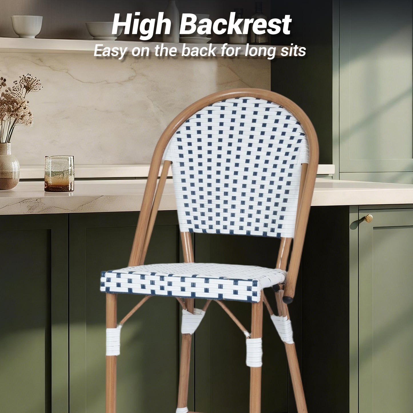 DELMANGO Bar Stool Set of 4 with Wood Print Finish French Counter Height Patio Rattan Bar Stool Chairs for Porch Garden Indoor Kitchen, White/Black