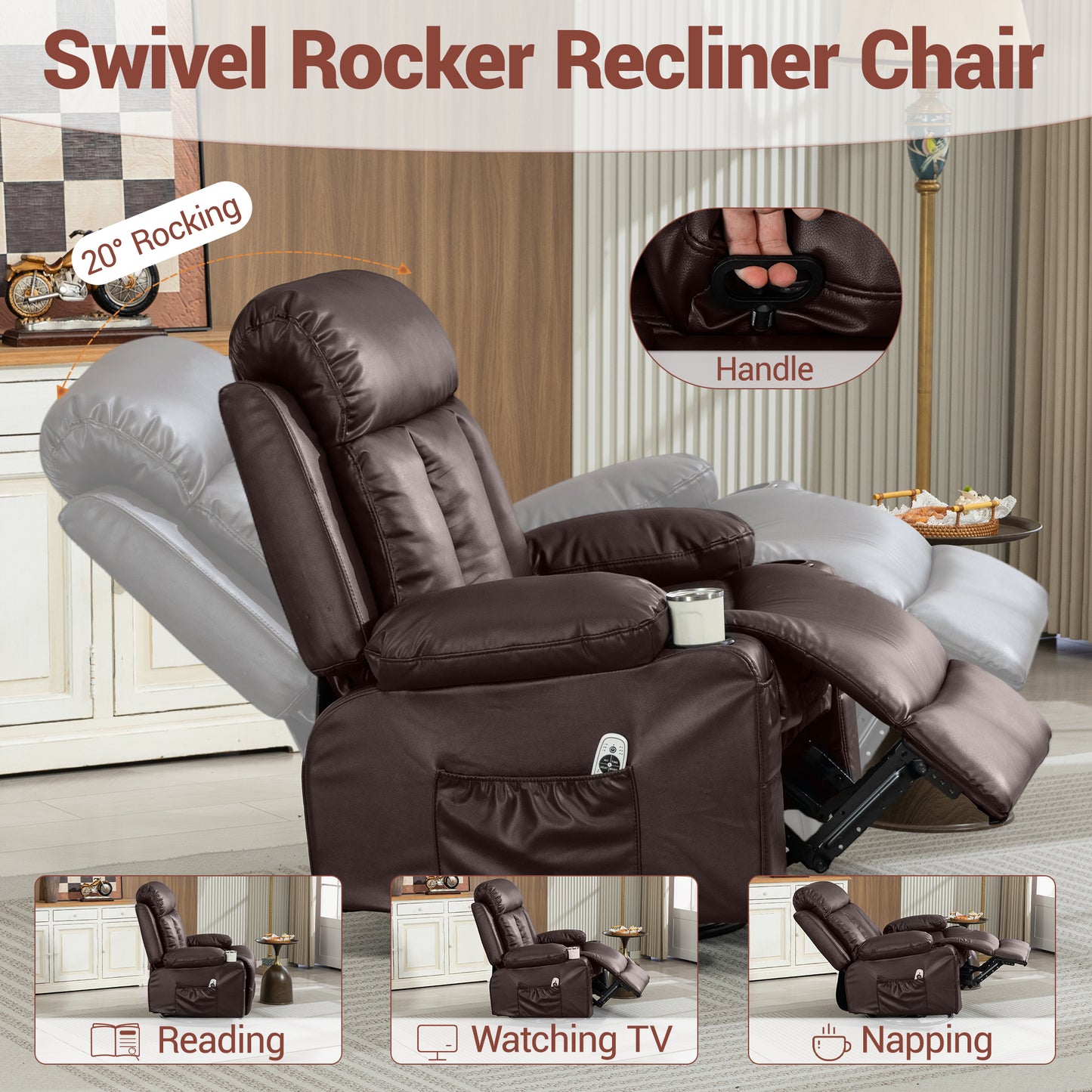 Delmango Power Recliner Chair for Audlts PU Leather Swivel Rocker Recliner Chair Massage Sofa Chair for Living Room Brown