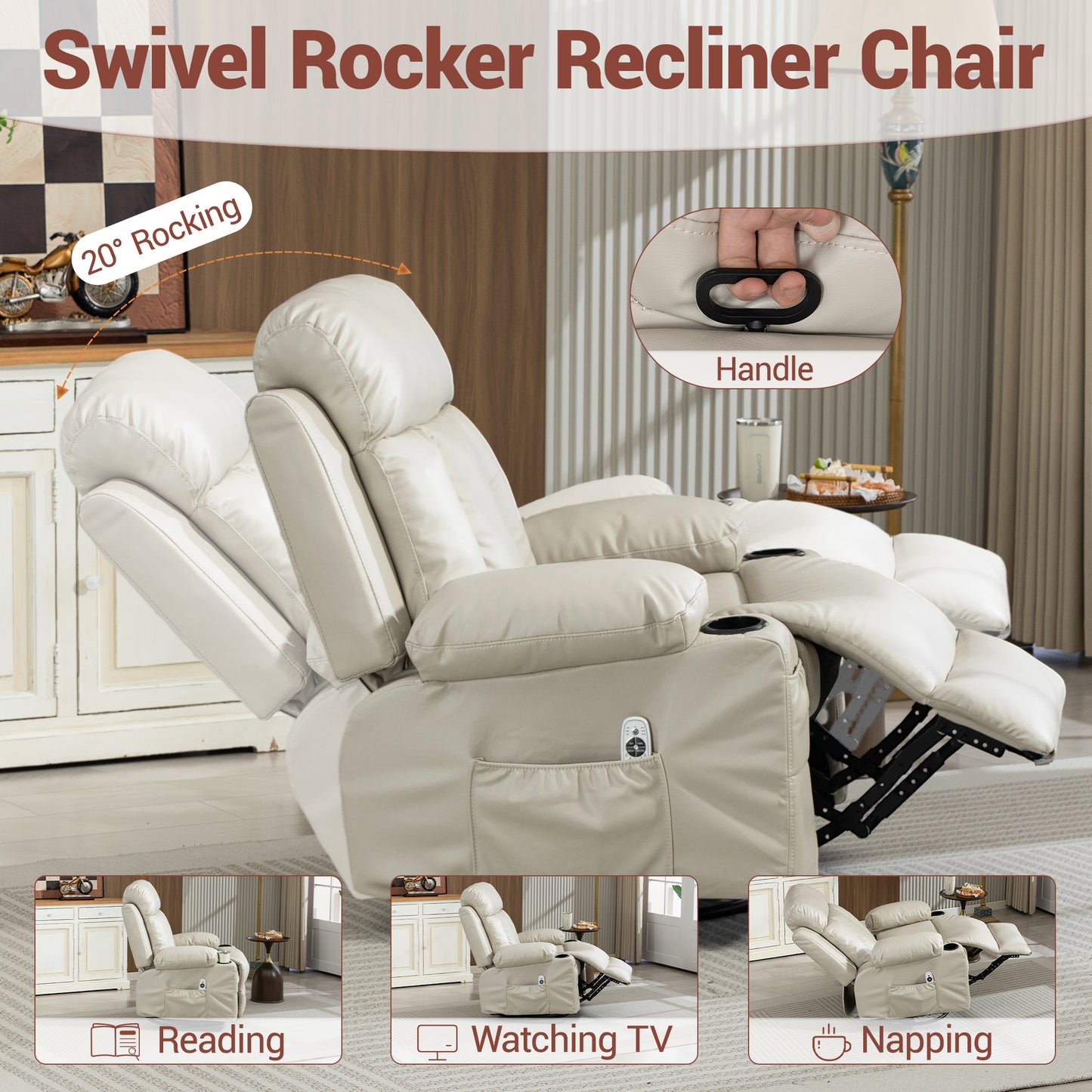 Delmango Power Recliner Chair for Audlts PU Leather Swivel Rocker Recliner Chair Massage Sofa Chair for Living Room Beige