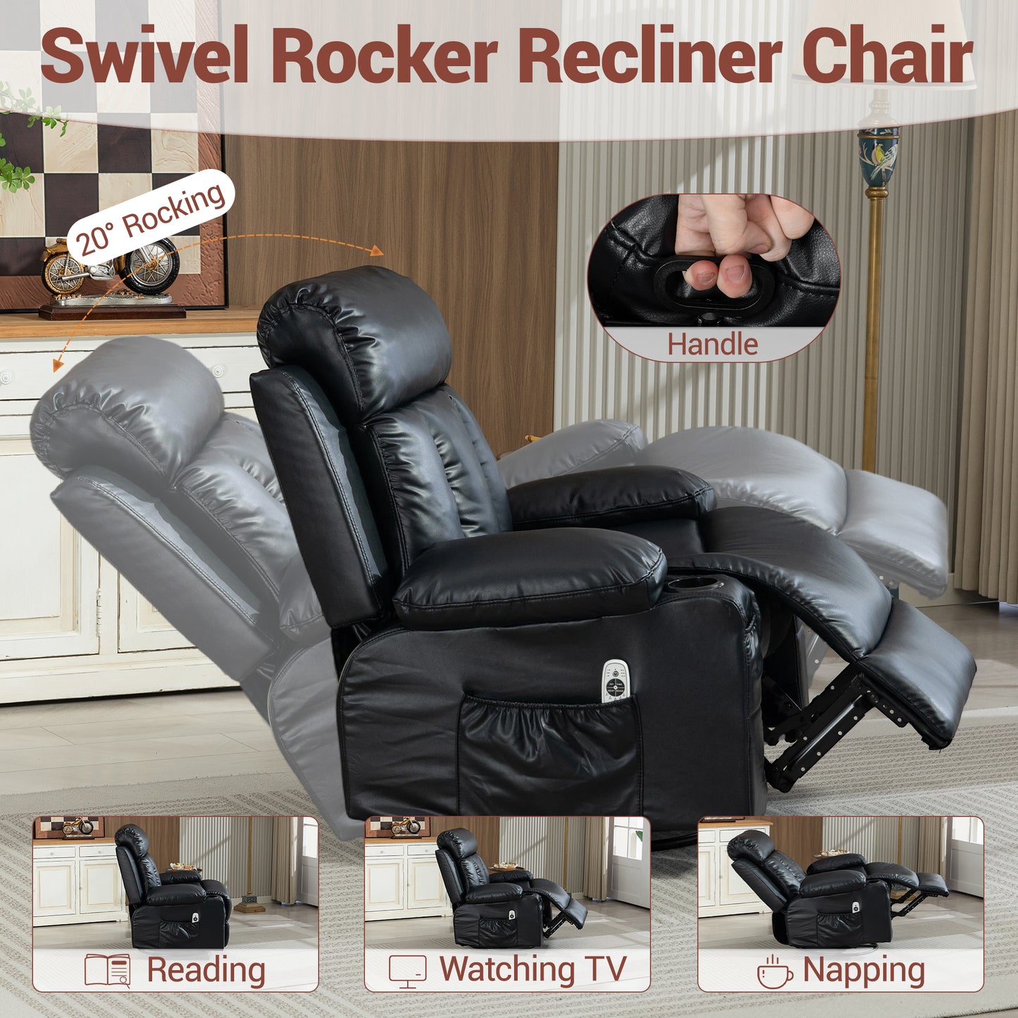 Delmango Power Recliner Chair for Living Room PU Leather Swivel Rocker Recliner Chair with Overstuffed Armrest and Backrest Black
