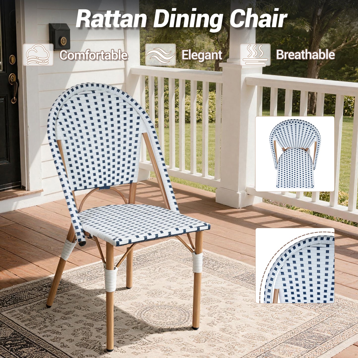 DELMANGO 4-Piece Wicker Outdoor French Bistro Chairs, Armless Dining Chairs with Metal Frame, Stackable Patio Chairs, White/Blue