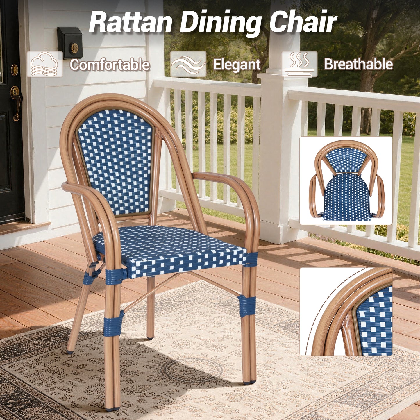DELMANGO 3 Piece Bistro Table Chair Set, Outdoor Wicker Round Table and 2 Dining Chairs for Garden Balcony Porch, Blue/White
