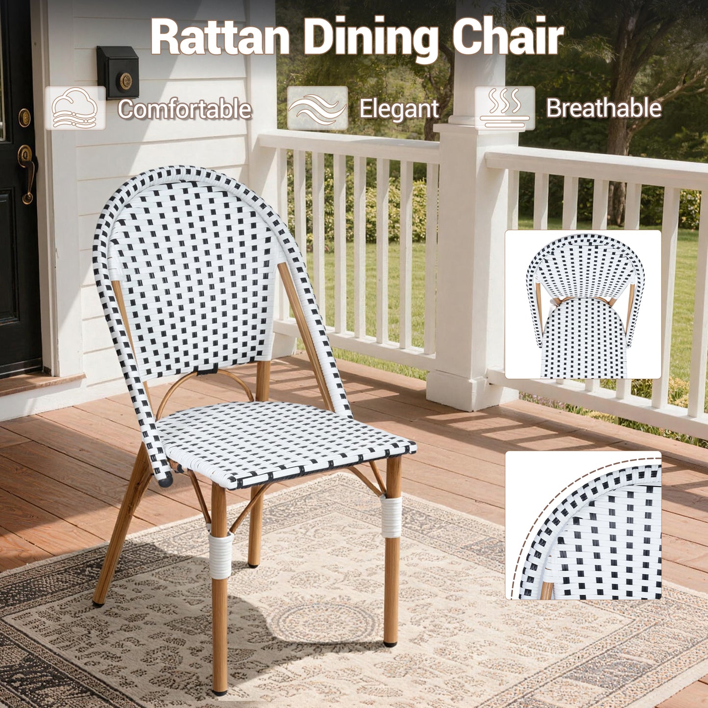 DELMANGO 5 Piece Bistro Table Chair Set, Outdoor Wicker Square Table and 4 Armless Dining Chairs for Garden Balcony Porch, Black/White (Copy)