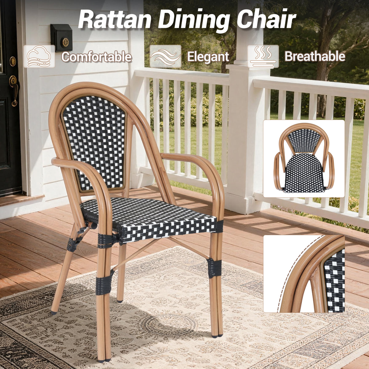 DELMANGO Metal & Faux Rattan Bistro Chair,Outdoor Arm Dining Chairs, Stackable Patio Chairs, White/Black (Set of 4)