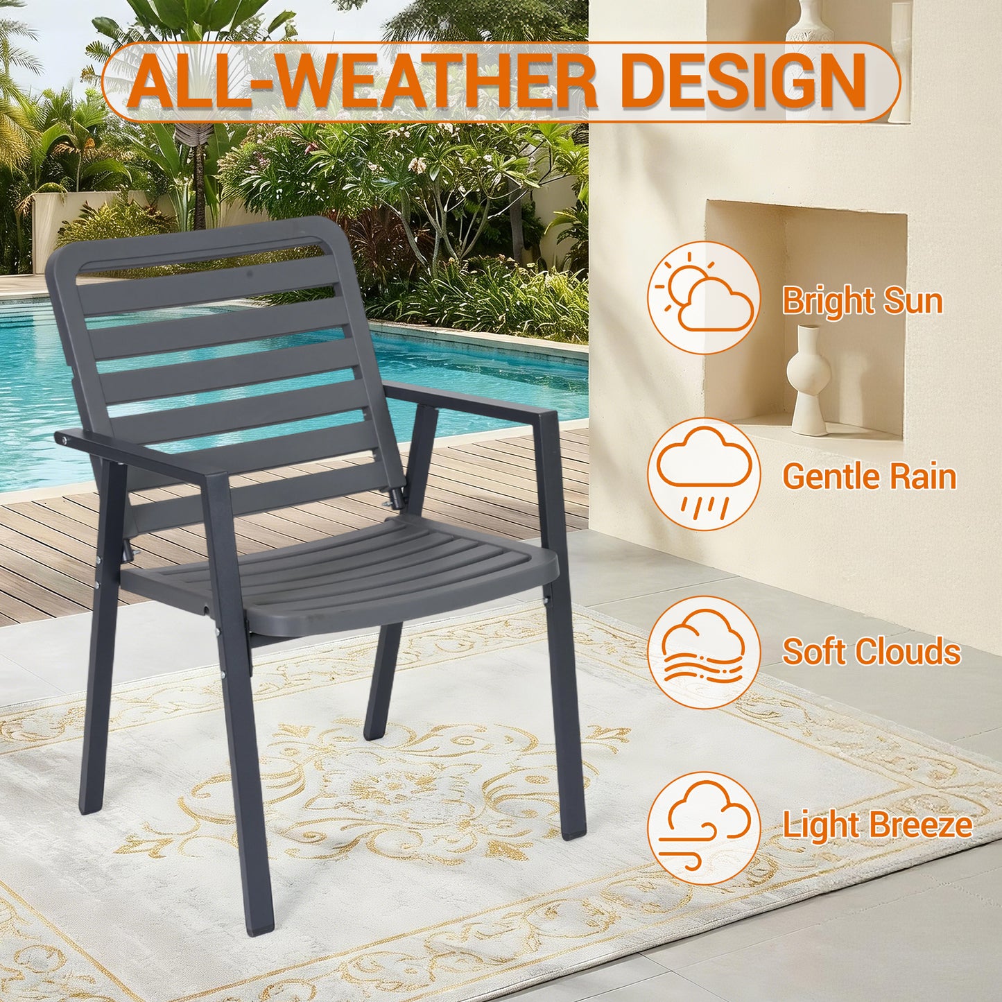 DELMANGO Outdoor Dining Chairs Set of 2, All-Weather PP-Patio Chairs, Metal Frame Outdoor Chairs, Waterproof Restaurant Chairs for Front Porch, Balcony Chairs for Backyard Garden, Grey