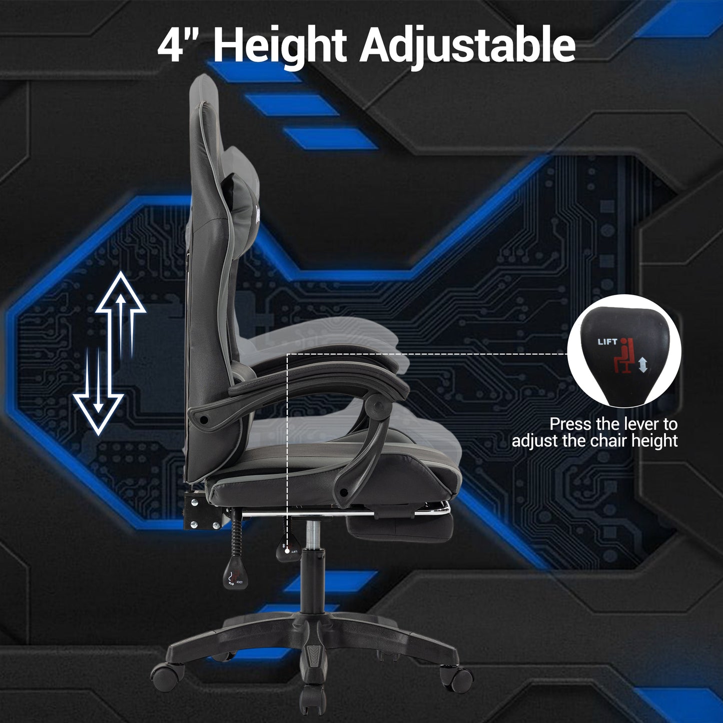 DELMANGO Gaming Chair Ergonomic Office Chair with Adjustable Headrest & Footrest, 90-135¡ã Recline, 360¡ã Swivel,Black/Grey