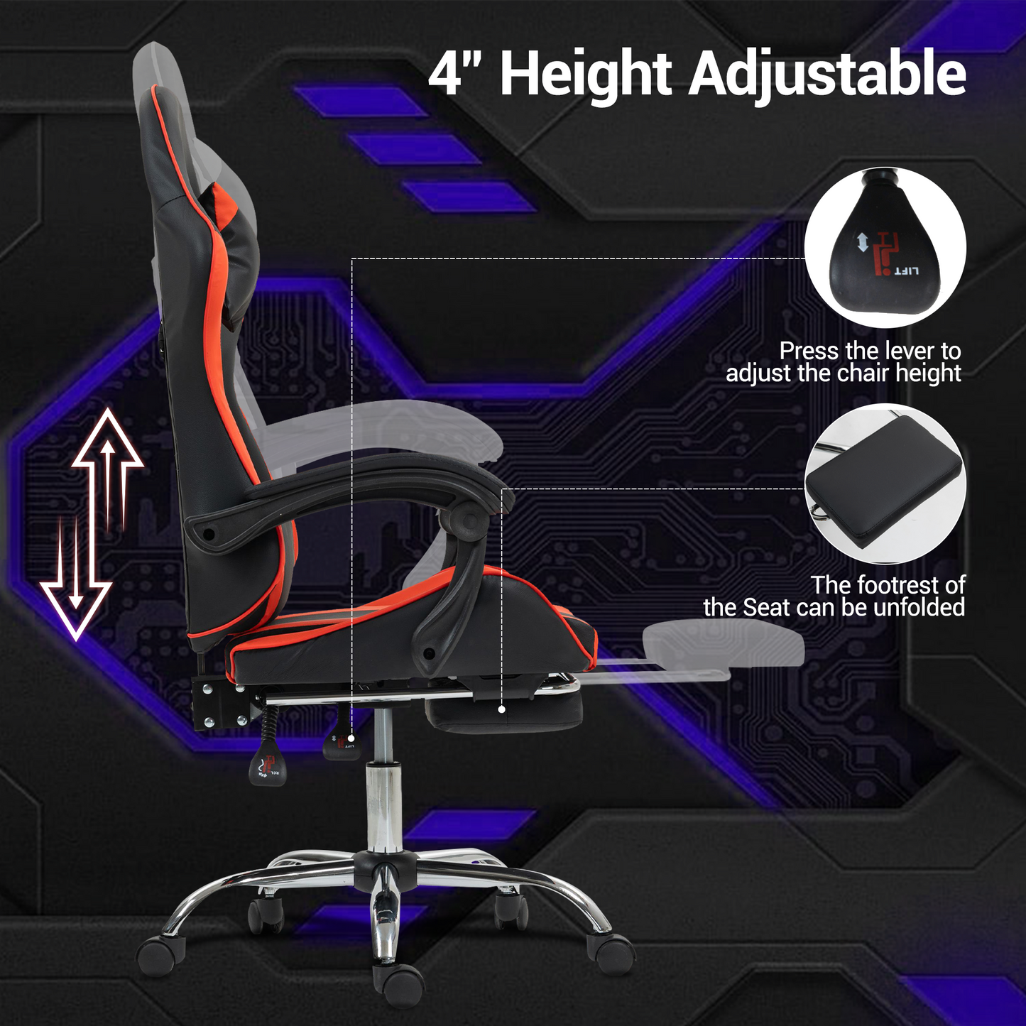DELMANGO Massage Gaming Chair - Ergonomic Office Chair with Adjustable Headrest & Footrest, 90-135¡ã Recline & 360¡ã Swivel, Red