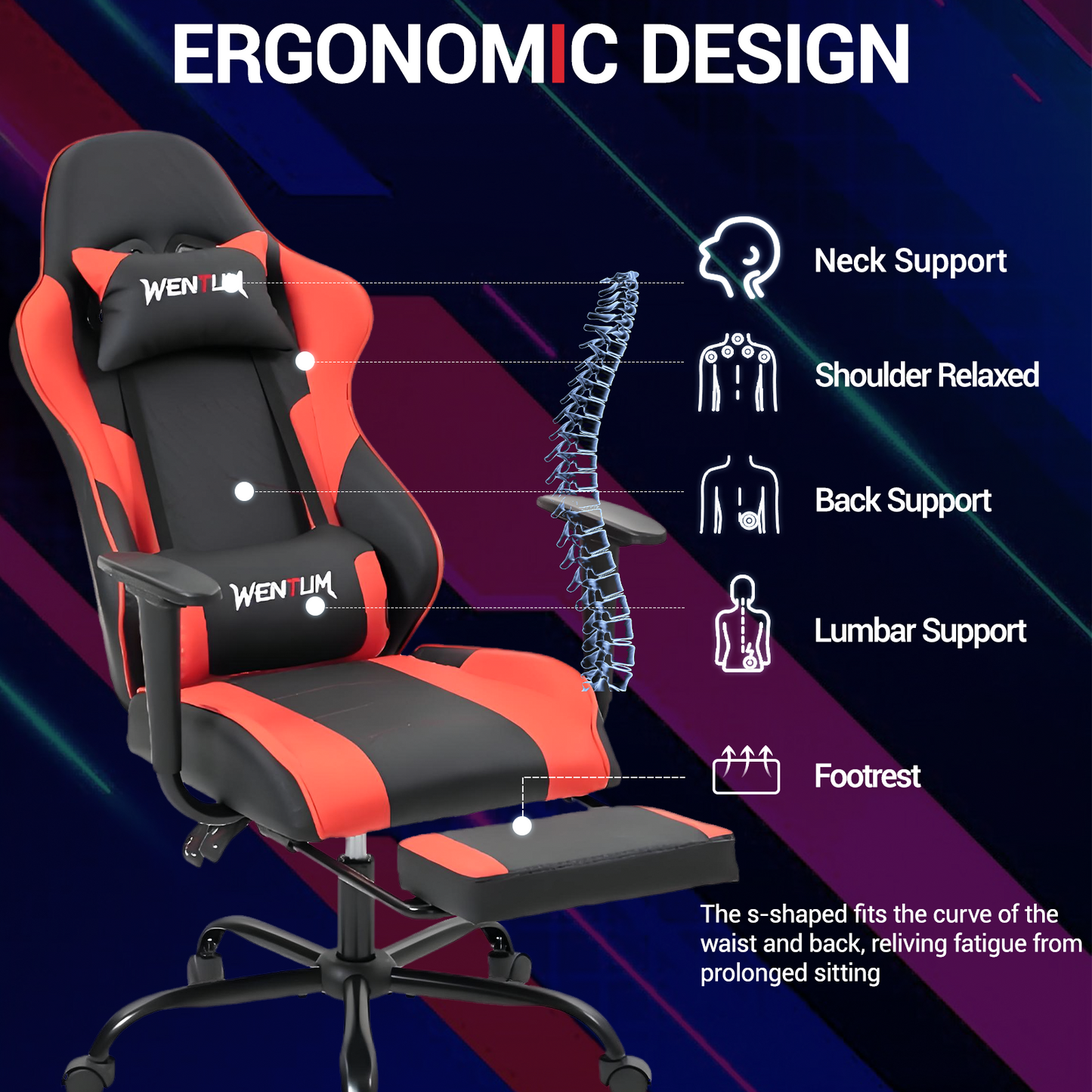 DELMANGO Massage Gaming Chair with Recline and Footrest, Racing Style PU Leather Office Desk Chair with Head Pillow for Adults, Red