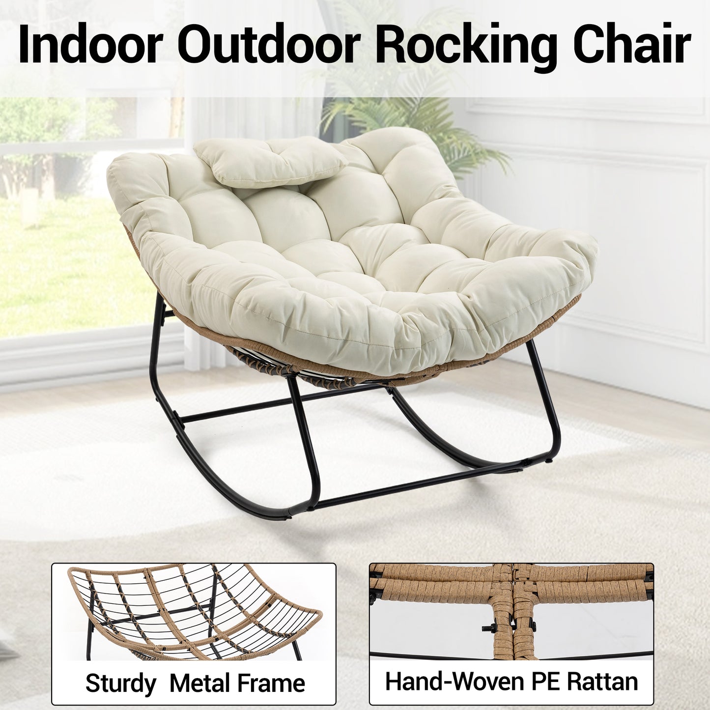 DELMANGO Rocking Egg Chair Outdoor Patio lounger with Thick Cushion Oversized Wicker Rocker Indoor Papasan lawn Chair for Living room Bedroom Porch Balcony Beige