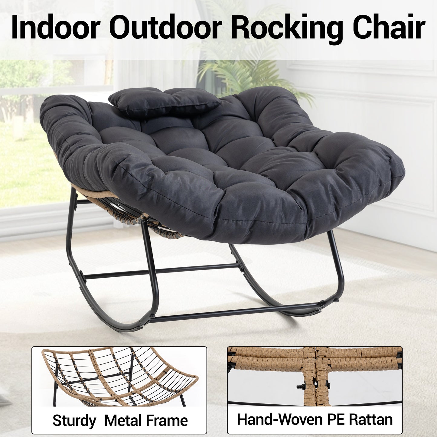 DELMANGO Rocking Egg Chair Outdoor Patio lounger with Thick Cushion Oversized Wicker Rocker Indoor Papasan lawn Chair for Living room Bedroom Porch Balcony Black