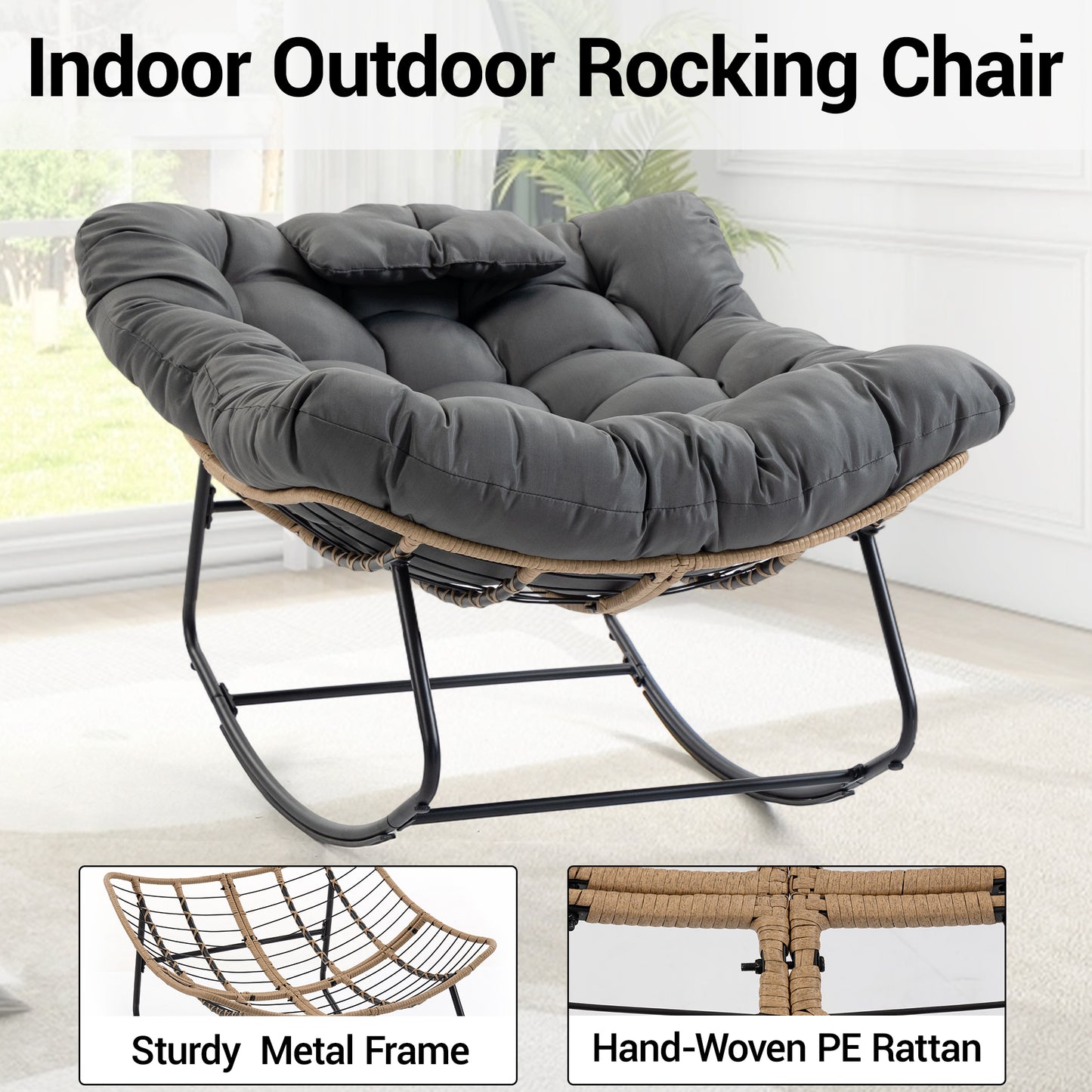 DELMANGO Rocking Egg Chair Outdoor Patio lounger with Thick Cushion Oversized Wicker Rocker Indoor Papasan lawn Chair for Living room Bedroom Porch Balcony Gray