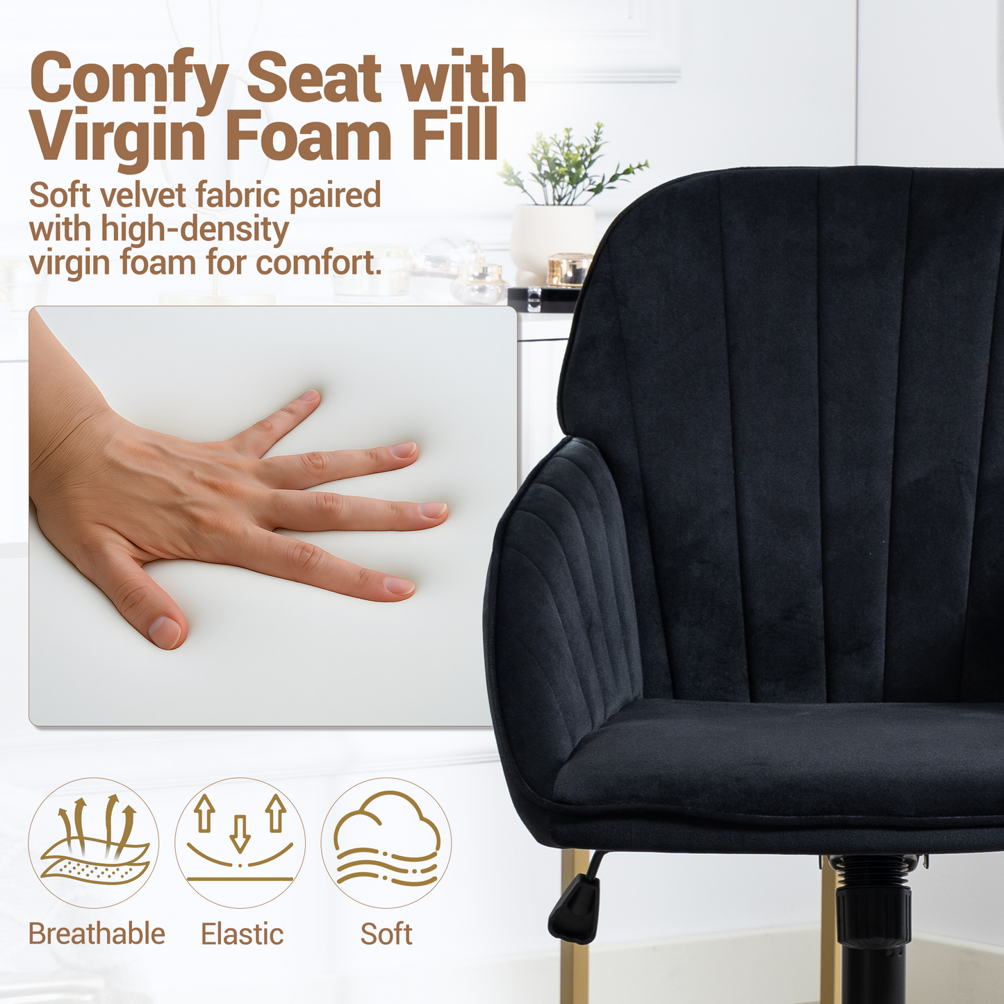 DELMANGO Velvet Adjustable Desk Chair with Gold Base & Wheels, Modern Swivel Vanity Office Chair for Home, Living Room, Bedroom & Study, Black