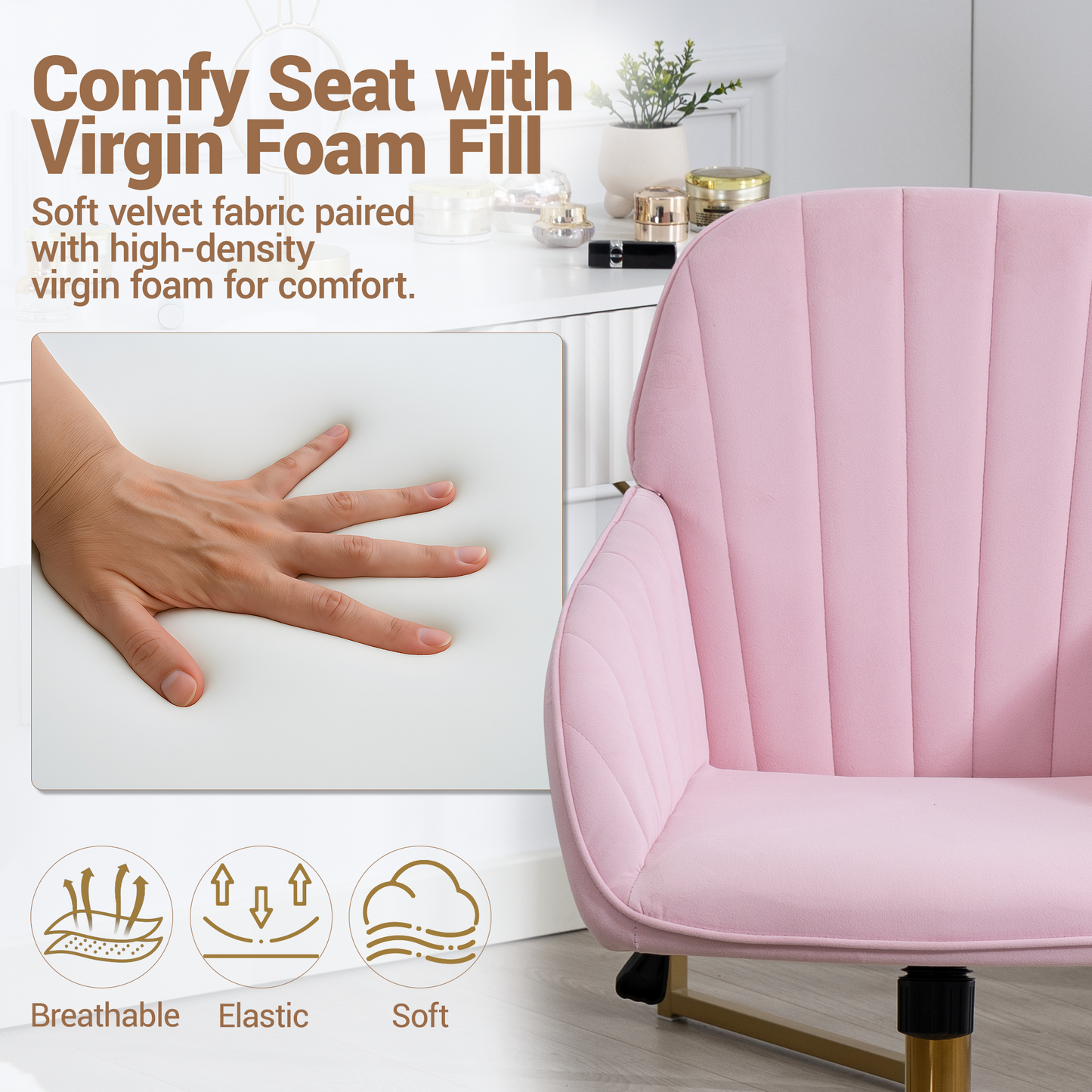 DELMANGO Velvet Adjustable Desk Chair with Gold Base & Wheels, Modern Swivel Vanity Office Chair for Home, Living Room, Bedroom & Study, Pink