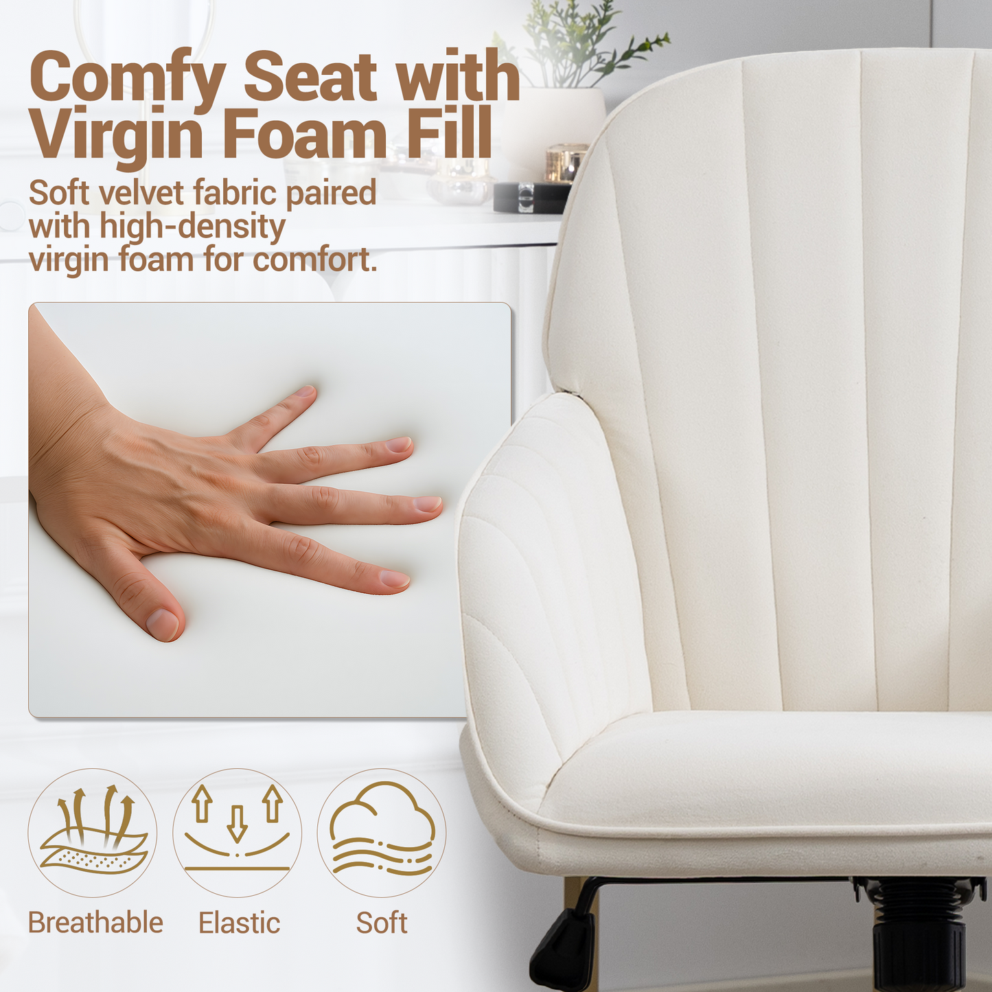 DELMANGO Velvet Adjustable Desk Chair with Gold Base & Wheels, Modern Swivel Vanity Office Chair for Home, Living Room, Bedroom & Study, Beige