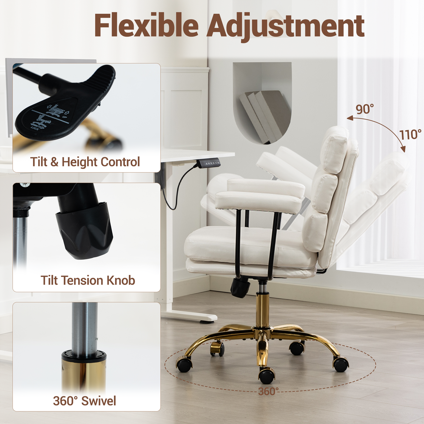 DELMANGO Faux Leather Home Office Desk Chair with Padded Seat & Armrests, Gold Base Vanity Swivel Chair with Adjustable Height and Wheels, White