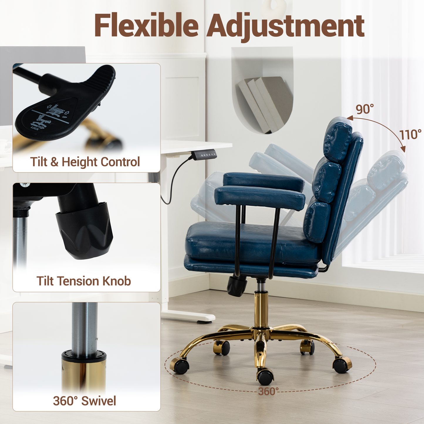 DELMANGO Faux Leather Home Office Desk Chair with Padded Seat & Armrests, Gold Base Vanity Swivel Chair with Adjustable Height and Wheels, Blue