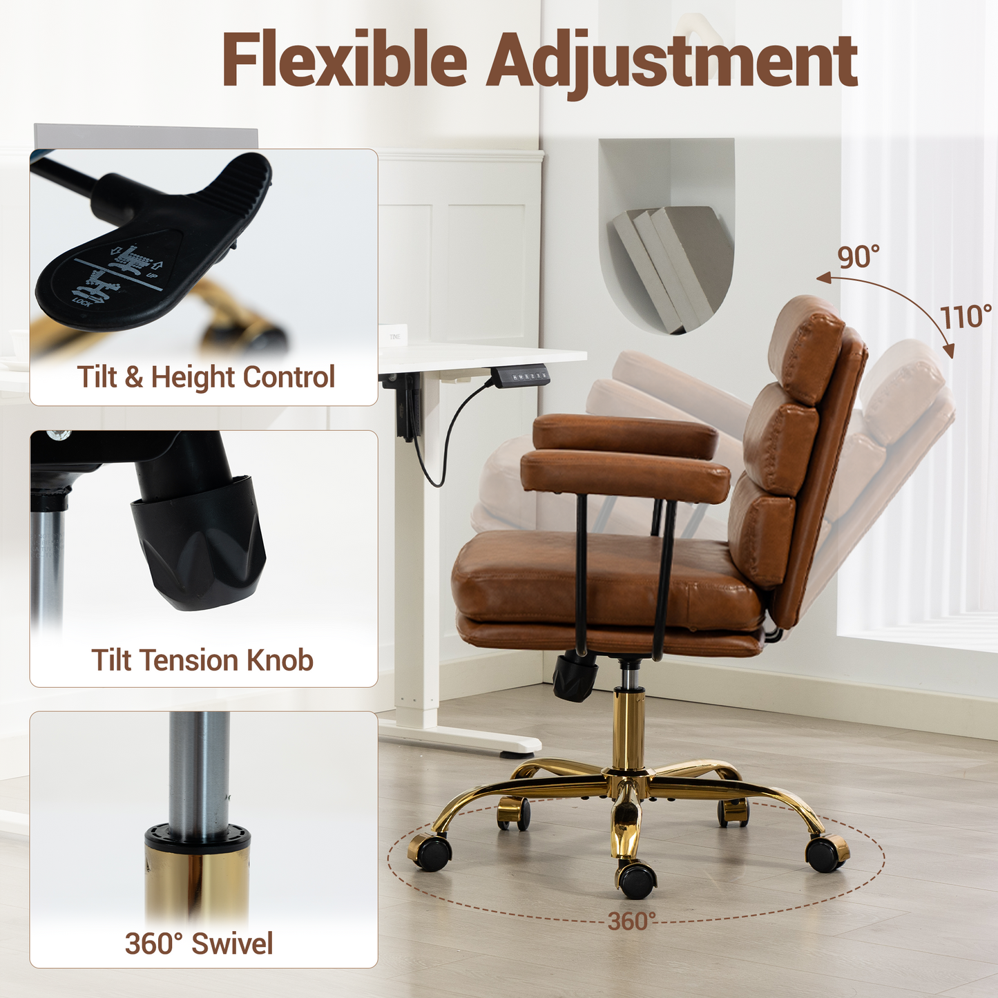 DELMANGO Faux Leather Home Office Desk Chair with Padded Seat & Armrests, Gold Base Vanity Swivel Chair with Adjustable Height and Wheels, Brown