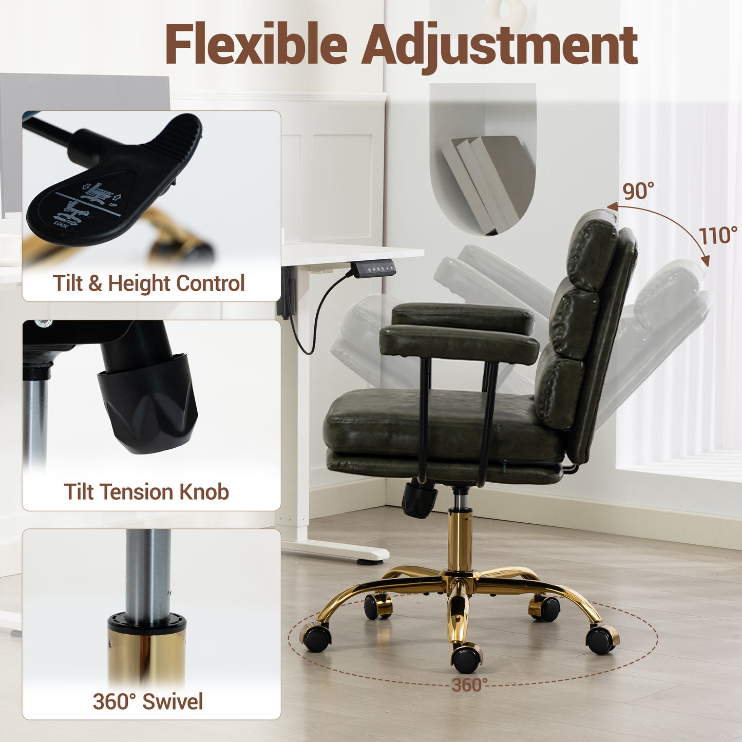 DELMANGO Faux Leather Home Office Desk Chair with Padded Seat & Armrests, Gold Base Vanity Swivel Chair with Adjustable Height and Wheels, Green