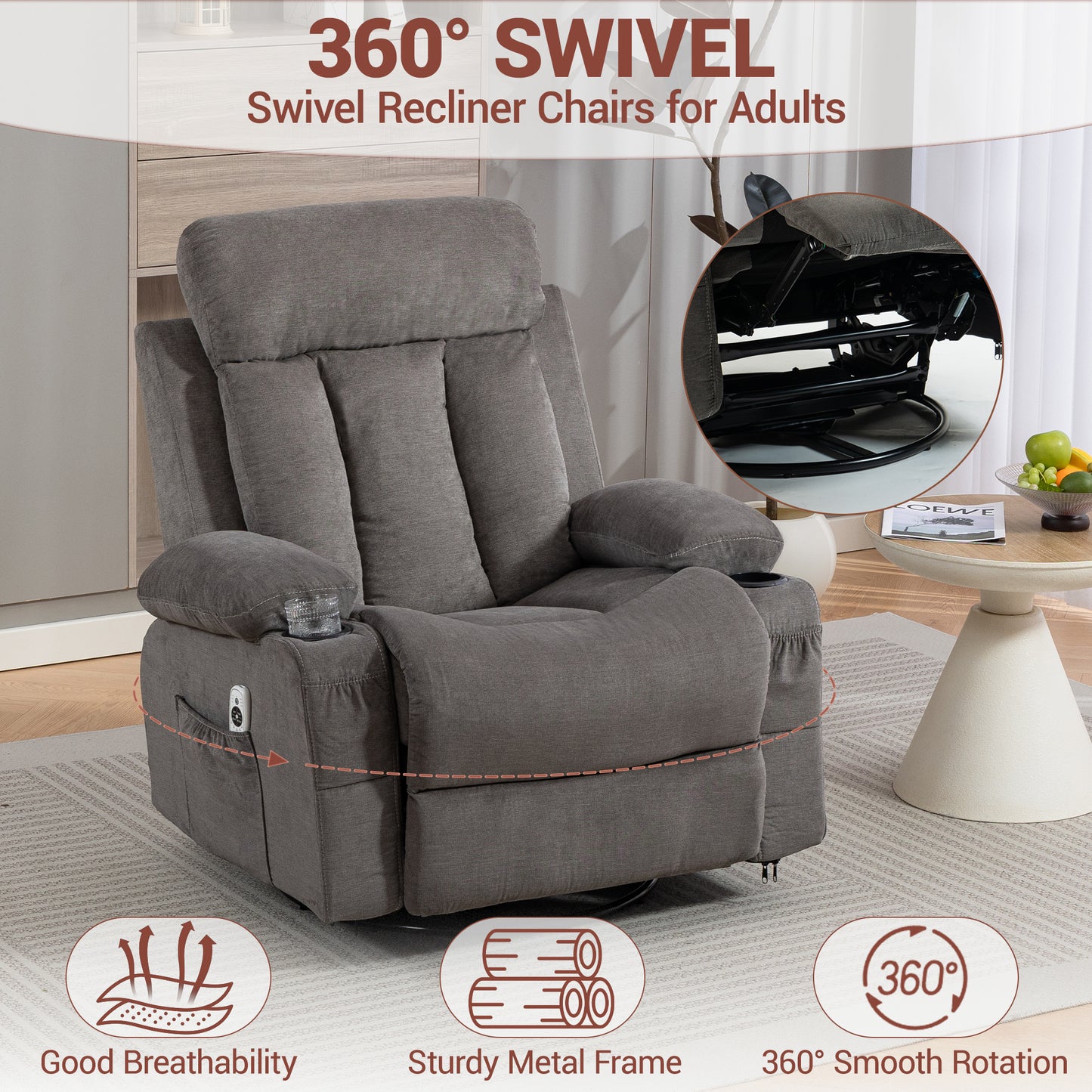DELMANGO Swivel Rocker Recliner Chair with Vibration Massage & Heat, 360 Degree Rotating Lounge Chair for Adults, Ergonomic Rocking Chair with Side Pocket & Cup Holders, Grey