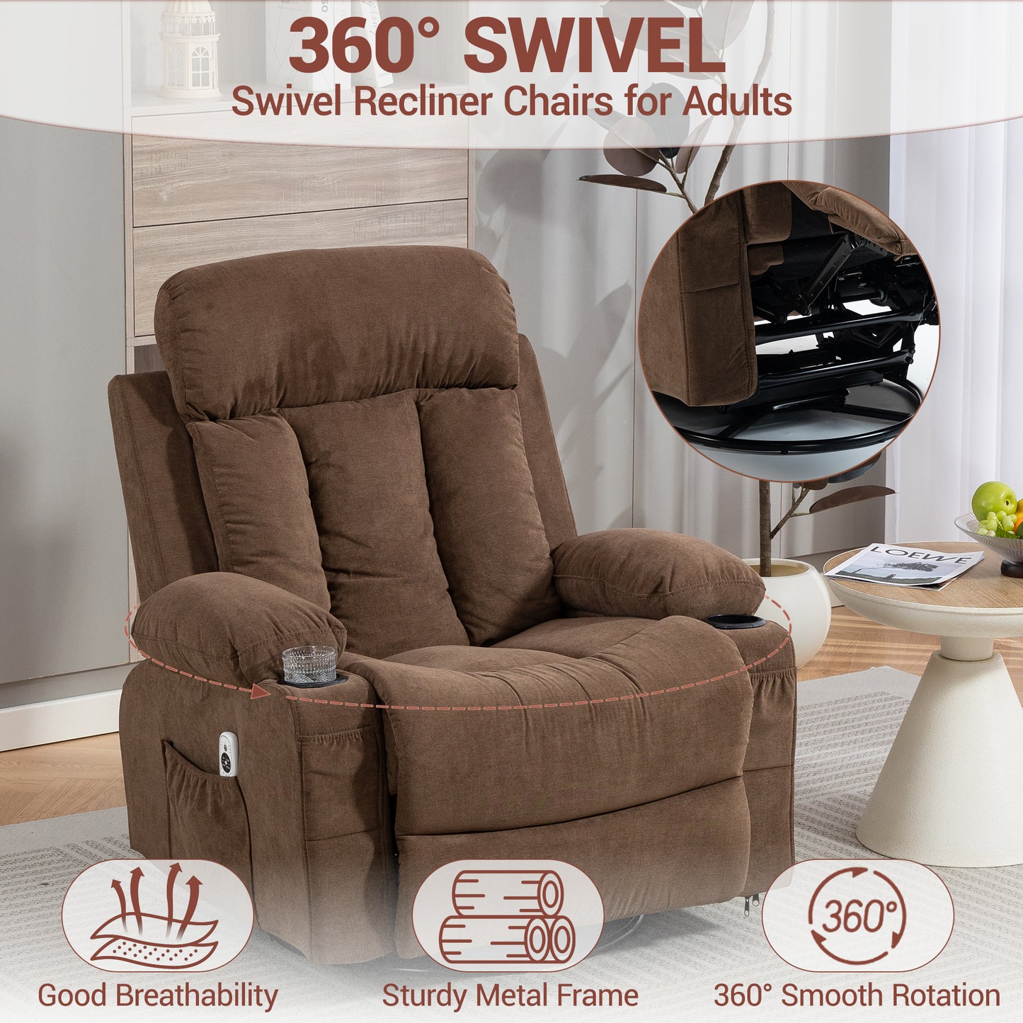 DELMANGO Swivel Rocker Recliner Chair with Vibration Massage & Heat, 360 Degree Rotating Lounge Chair for Adults, Ergonomic Rocking Chair with Side Pocket & Cup Holders, Brown