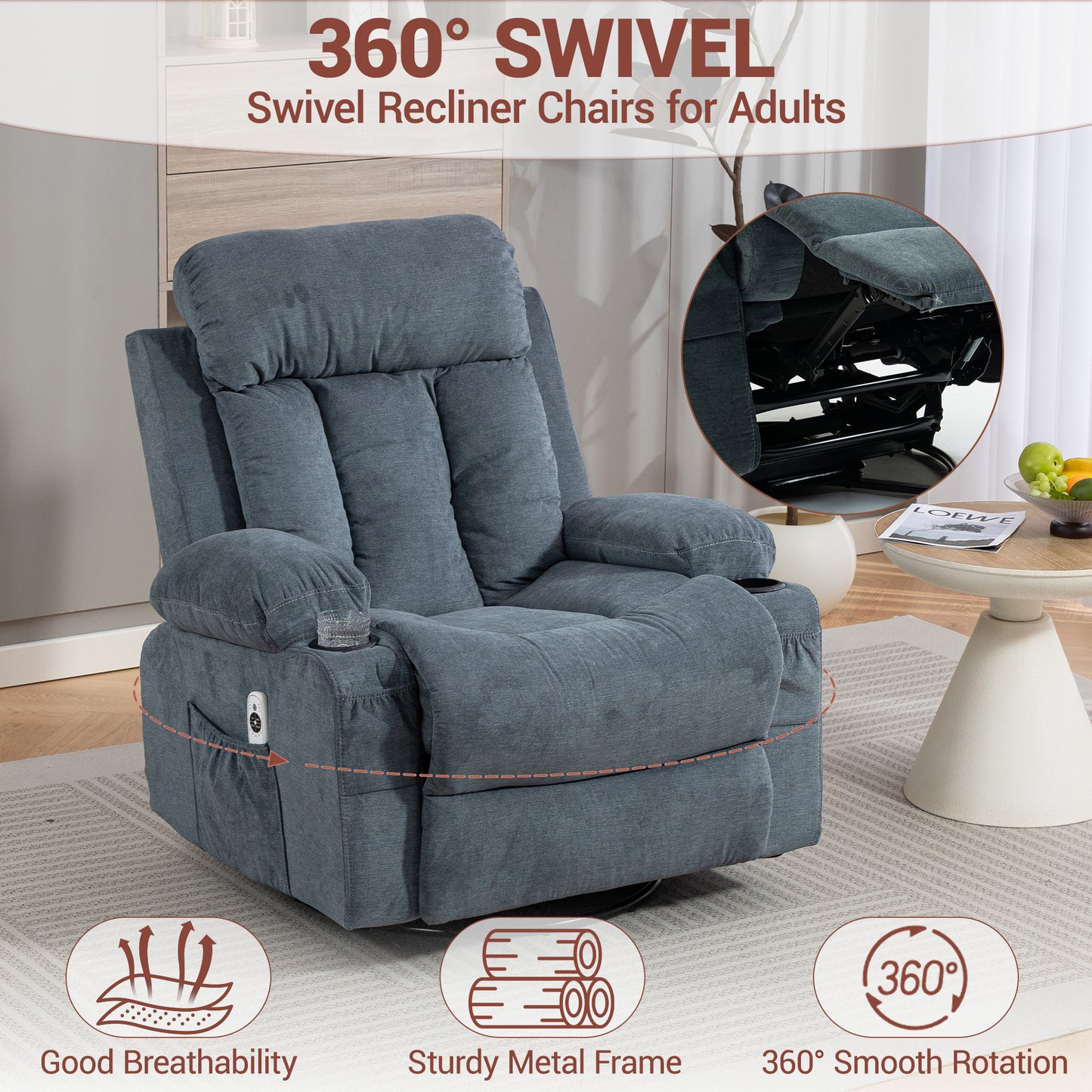 DELMANGO Swivel Rocker Recliner Chair with Vibration Massage & Heat, 360 Degree Rotating Lounge Chair for Adults, Ergonomic Rocking Chair with Side Pocket & Cup Holders, Blue
