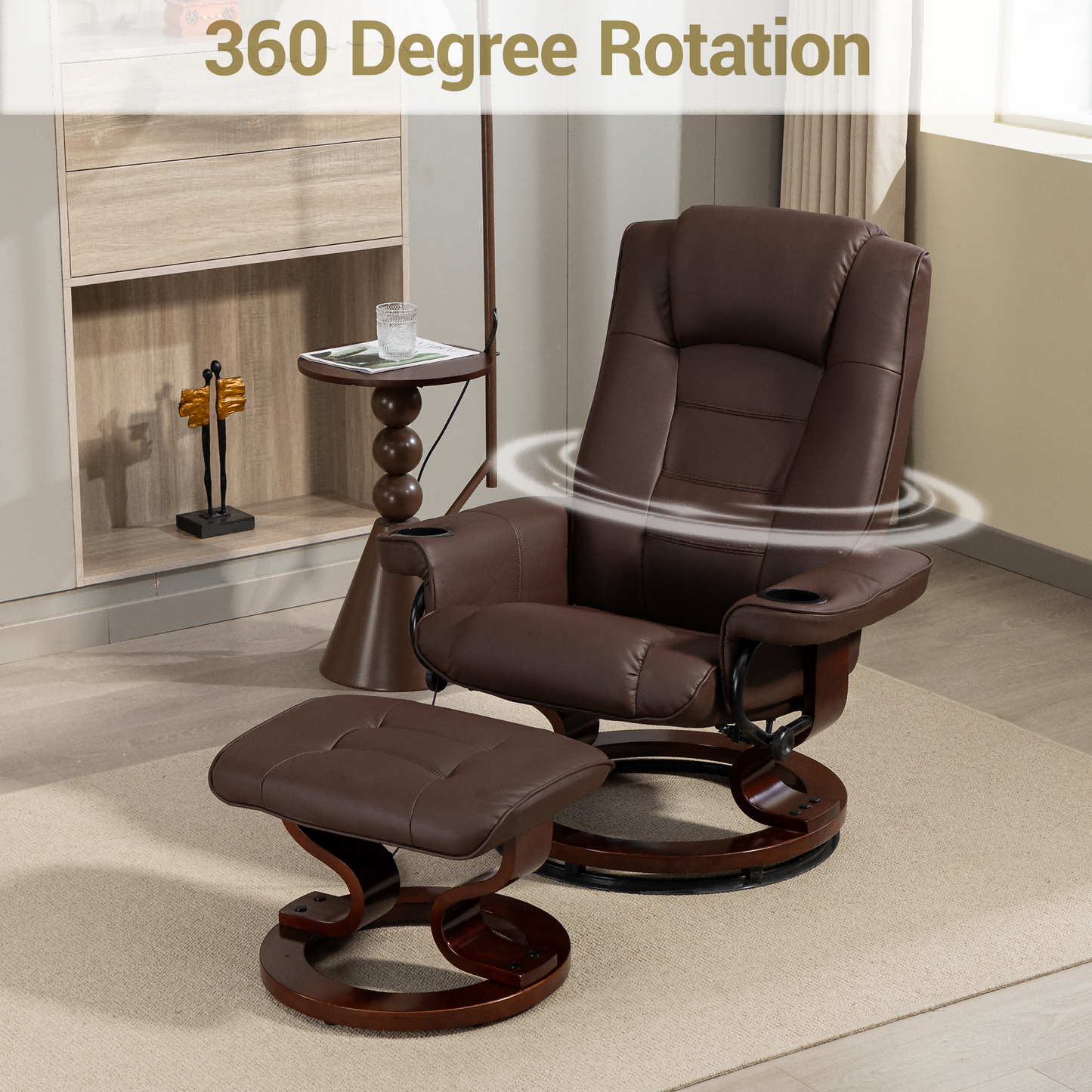 DELMANGO Swivel Massage Recliner with Ottoman, Adjustable Recline Wood Base Faux Leather Lounge Chair, Footrest Accent Chair for Living Room & Bedroom, Brown