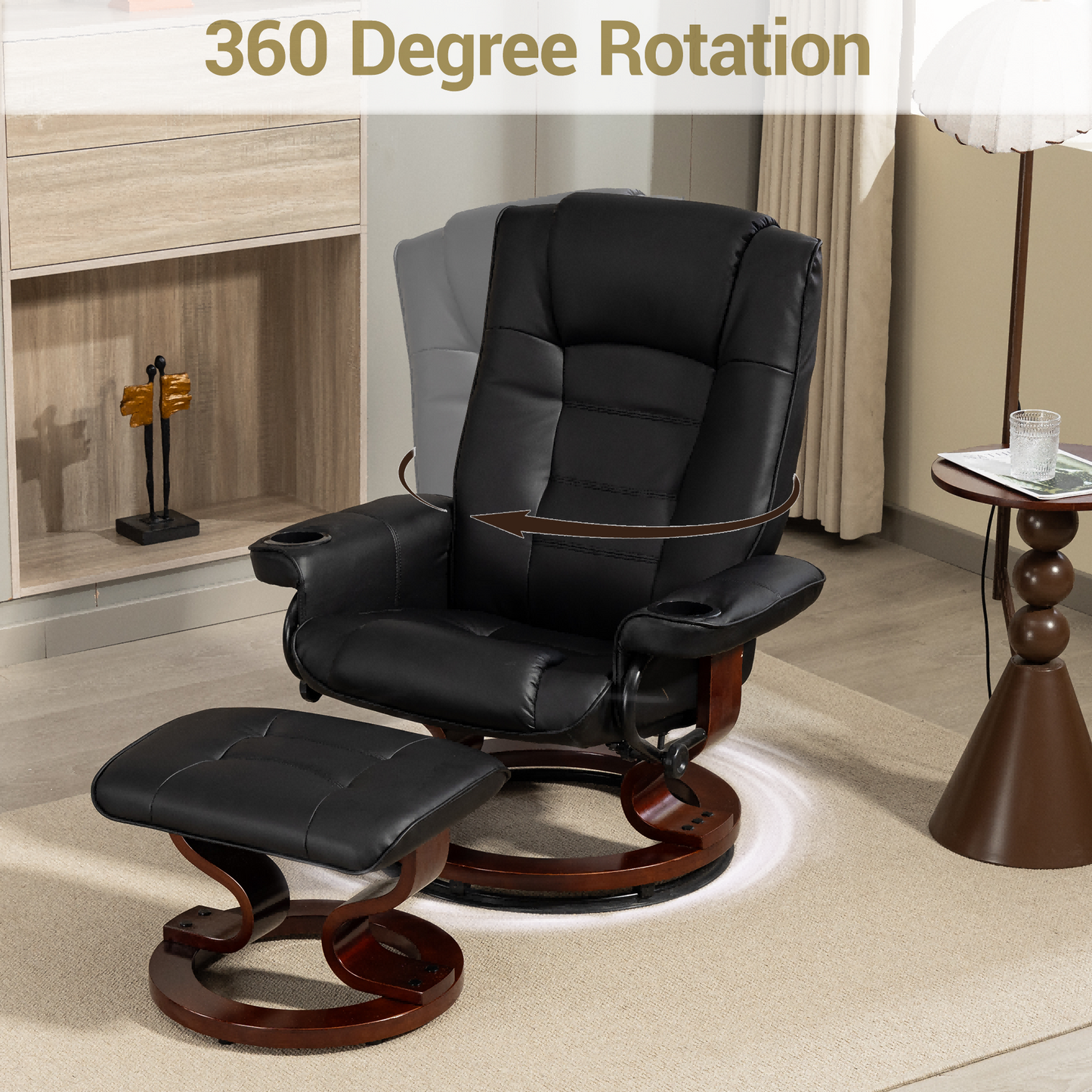 DELMANGO Swivel Recliner Chair with Ottoman, Wood Base Faux Leather Lounge Chair with Footrest, Accent Chair for Living Room & Bedroom, Black
