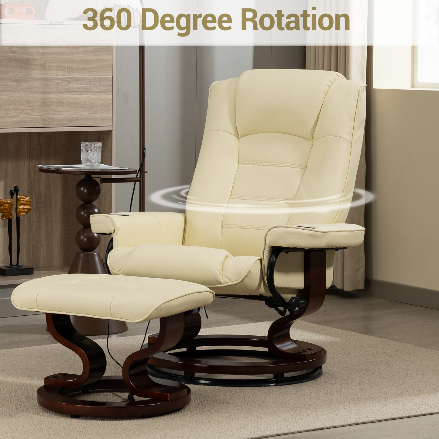 DELMANGO Swivel Massage Recliner with Ottoman, Adjustable Recline Wood Base Faux Leather Lounge Chair, Footrest Accent Chair for Living Room & Bedroom, Beige
