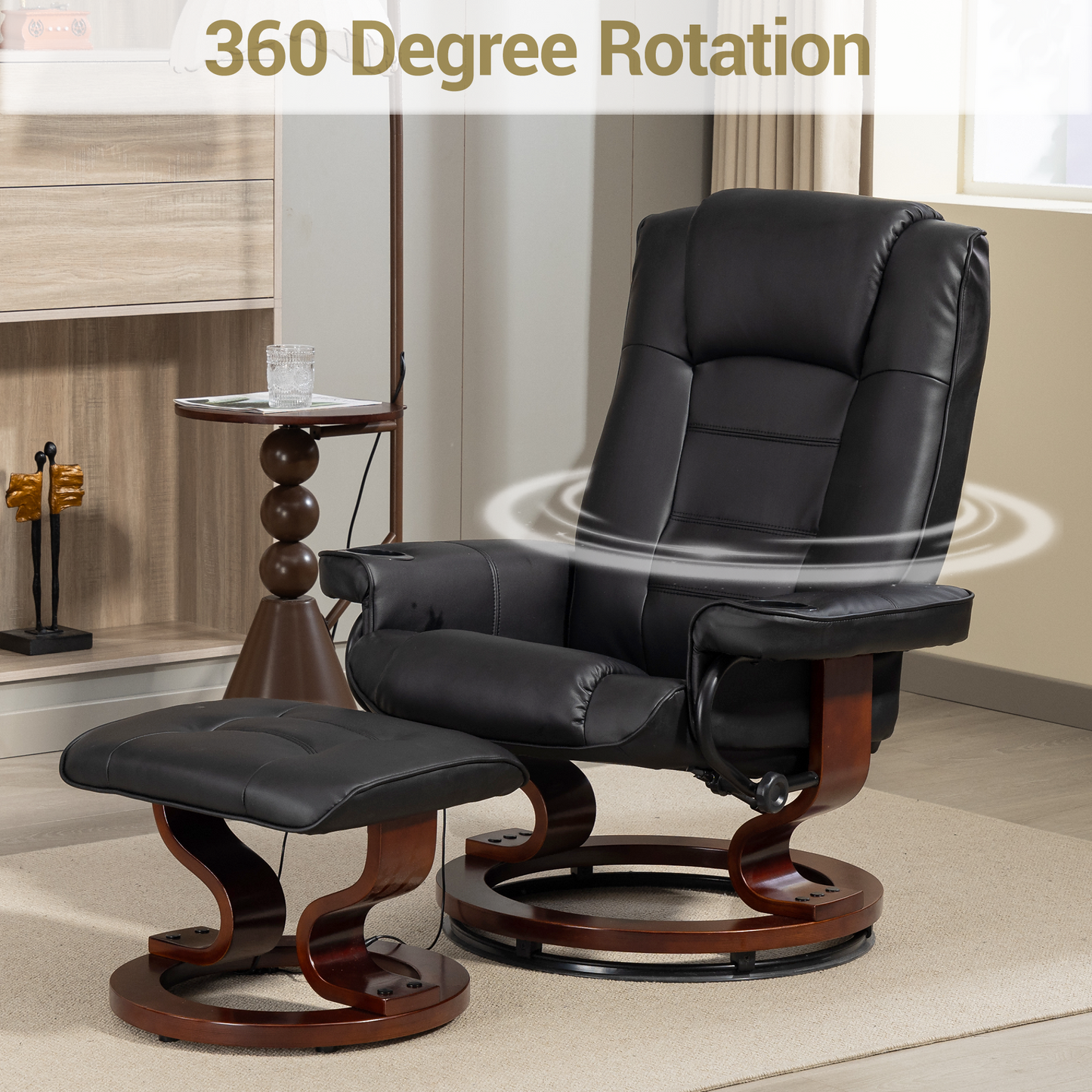 DELMANGO Swivel Massage Recliner with Ottoman, Adjustable Recline Wood Base Faux Leather Lounge Chair, Footrest Accent Chair for Living Room & Bedroom, Black