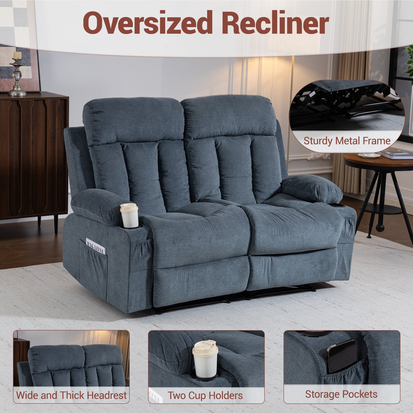 DELMANGO 2-Seater Loveseat Recliner Sofa with Cup Holders, Manual Reclining Dual Seat Couch for Living Room, Home Theater & Small Spaces, Blue