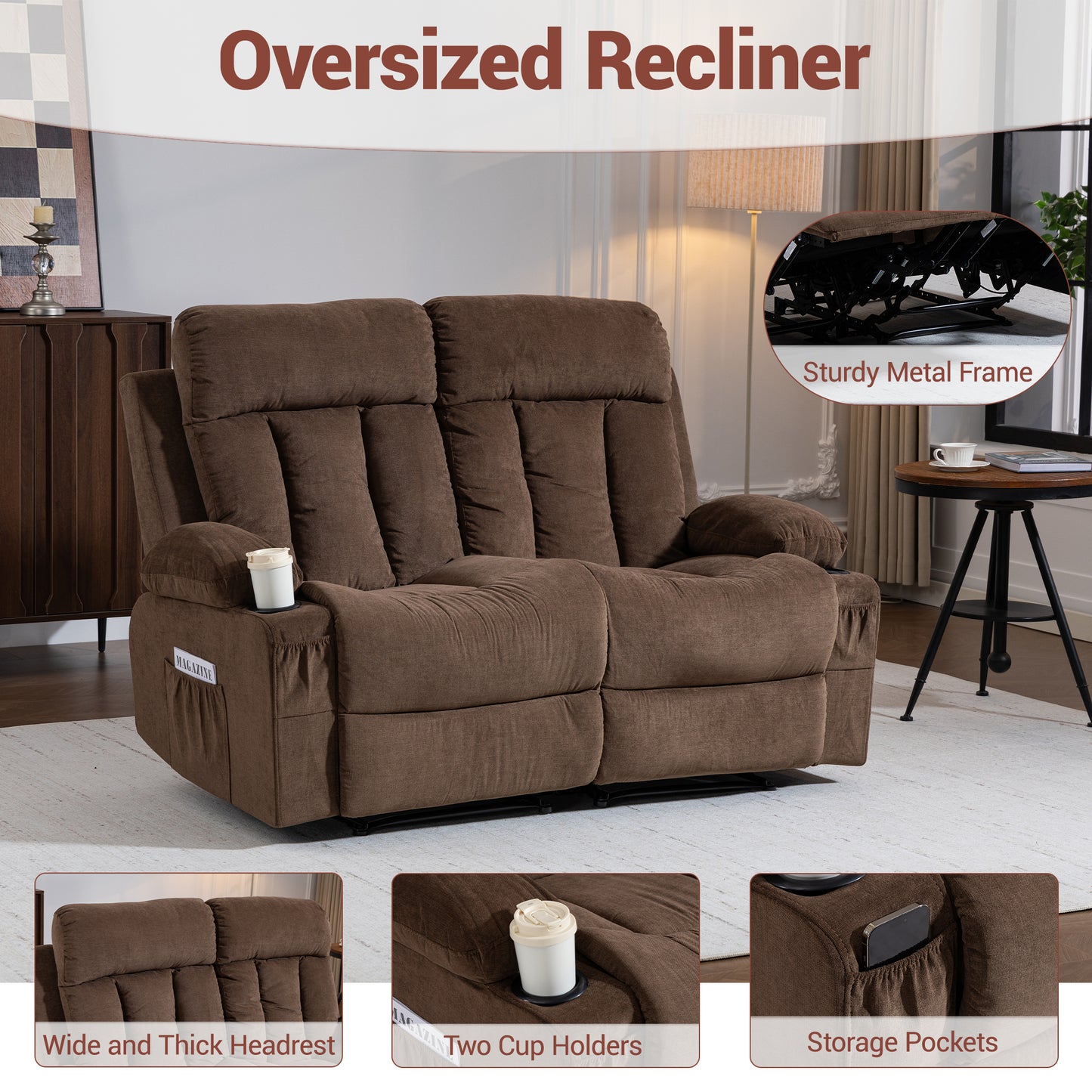 DELMANGO 2-Seater Loveseat Recliner Sofa with Cup Holders, Manual Reclining Dual Seat Couch for Living Room, Home Theater & Small Spaces, Brown