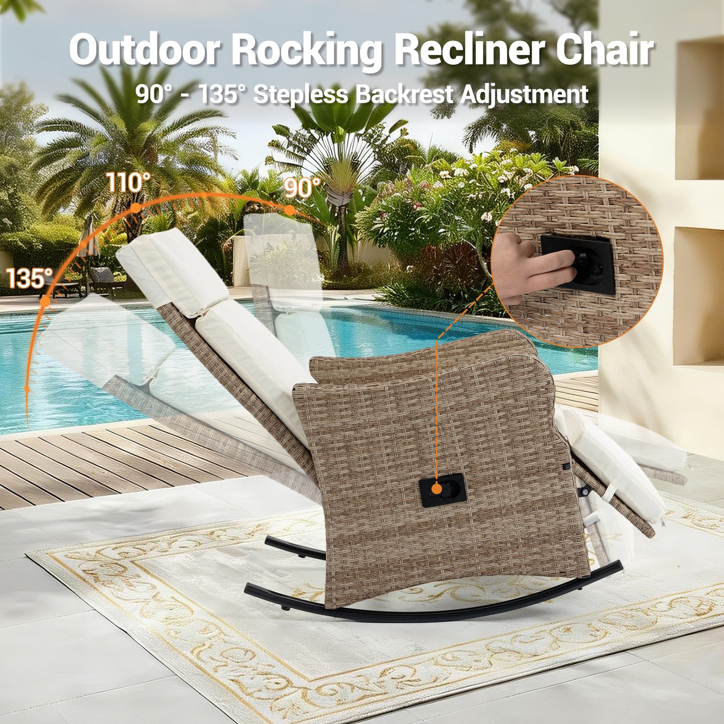 DELMANGO 2-in-1 Outdoor Recliner Chair set of 2, White – Rocking/Flat Footrest, 90°–135° Reclining Backrest, Rattan Wicker & Removable Cushion for Patio, Garden, Balcony, Porch