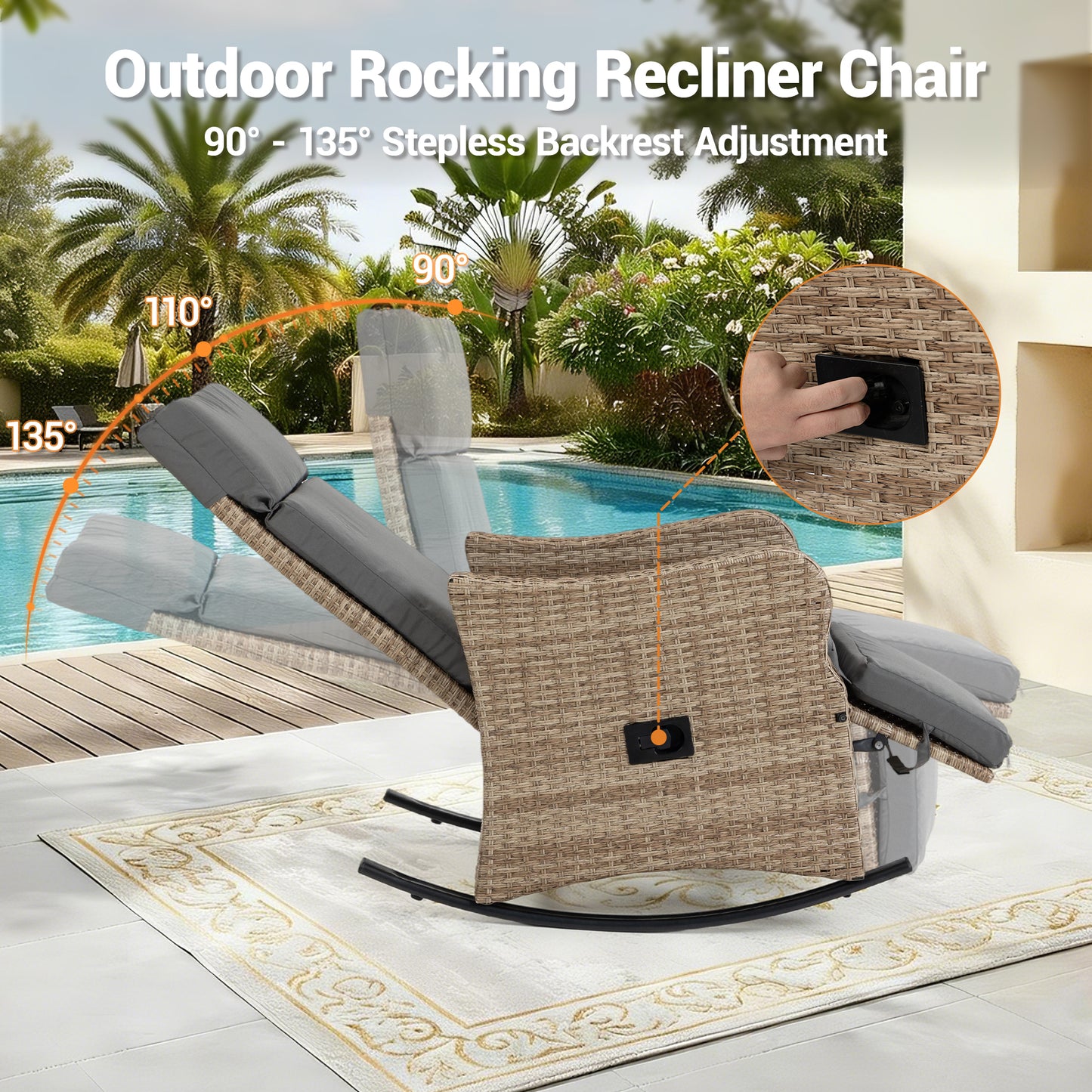 DELMANGO 2-in-1 Outdoor Recliner Chair set of 2, Gray – Rocking/Flat Footrest, 90°–135° Reclining Backrest, Rattan Wicker & Removable Cushion for Patio, Garden, Balcony, Porch