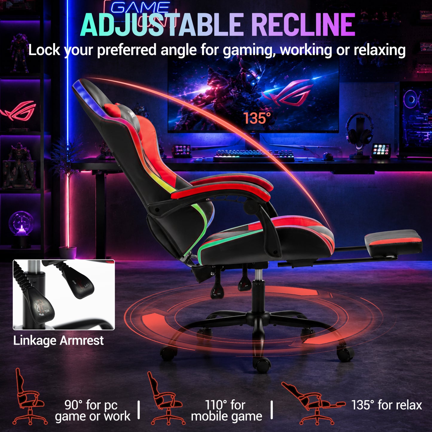 Delmango RGB Ergonomic Gaming Chair with Massage, LED Lights, Footrest, Lumbar Support, Red