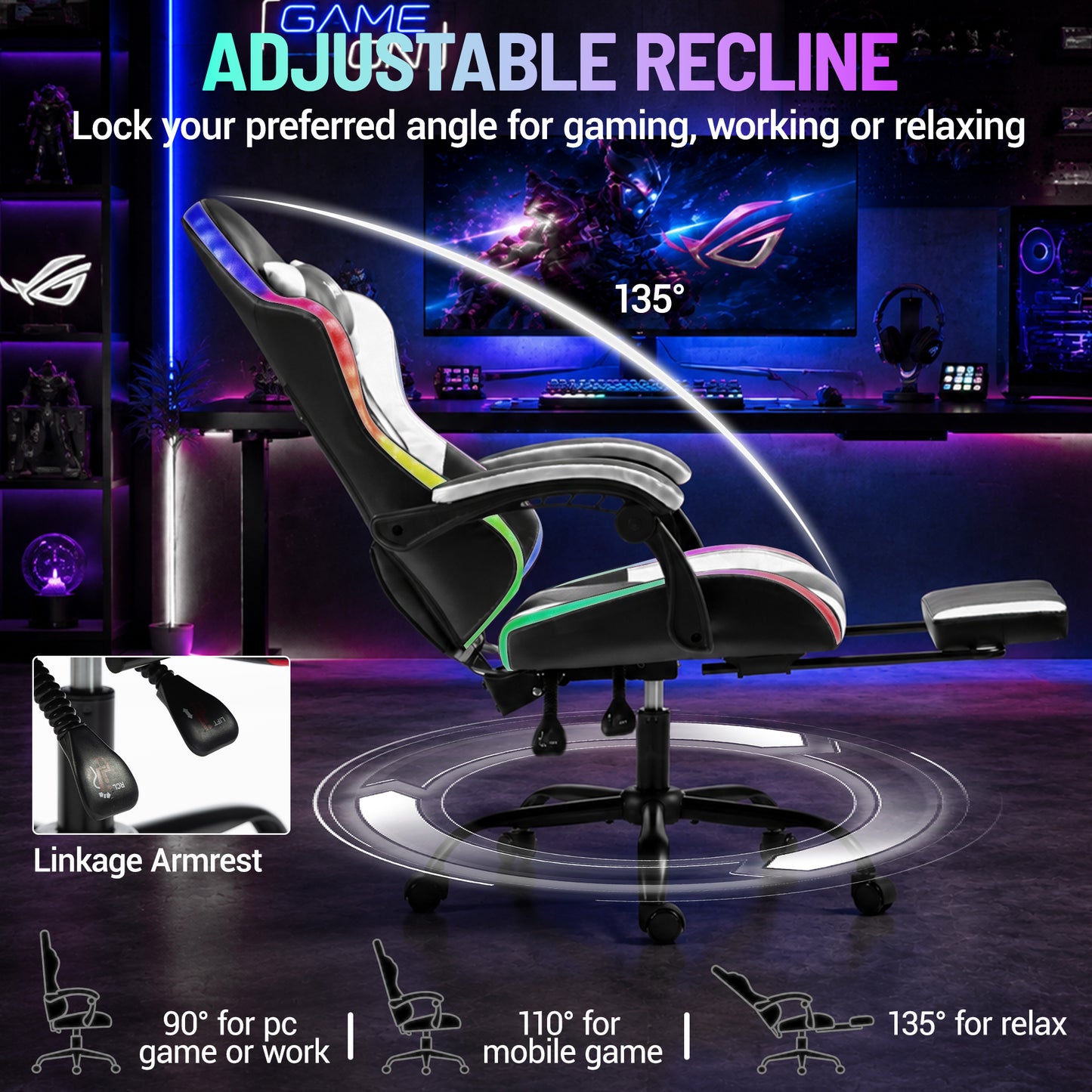 Delmango RGB Ergonomic Gaming Chair with Massage, LED Lights, Footrest, Lumbar Support, White
