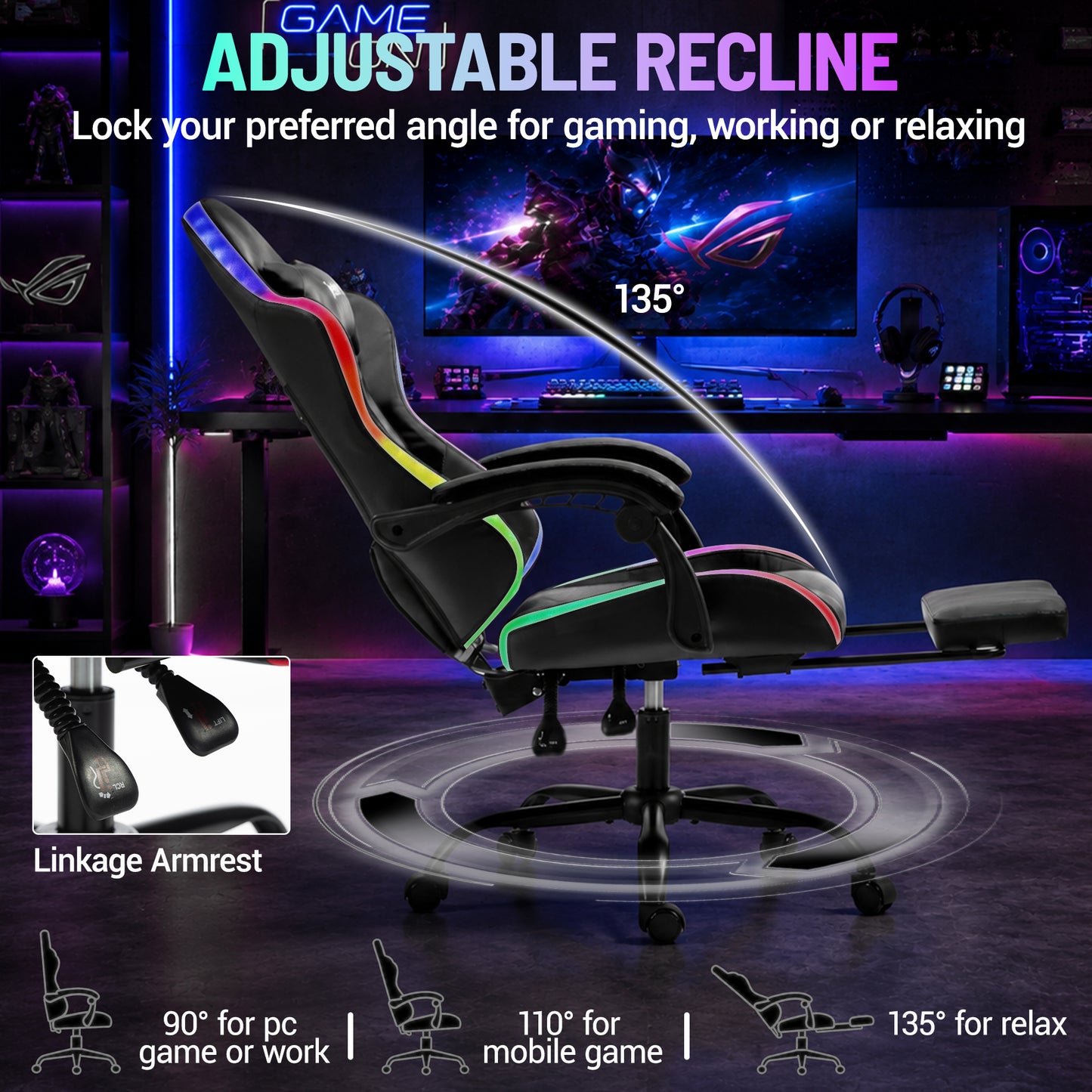 Delmango RGB Ergonomic Gaming Chair with Massage, LED Lights, Footrest, Lumbar Support, Black