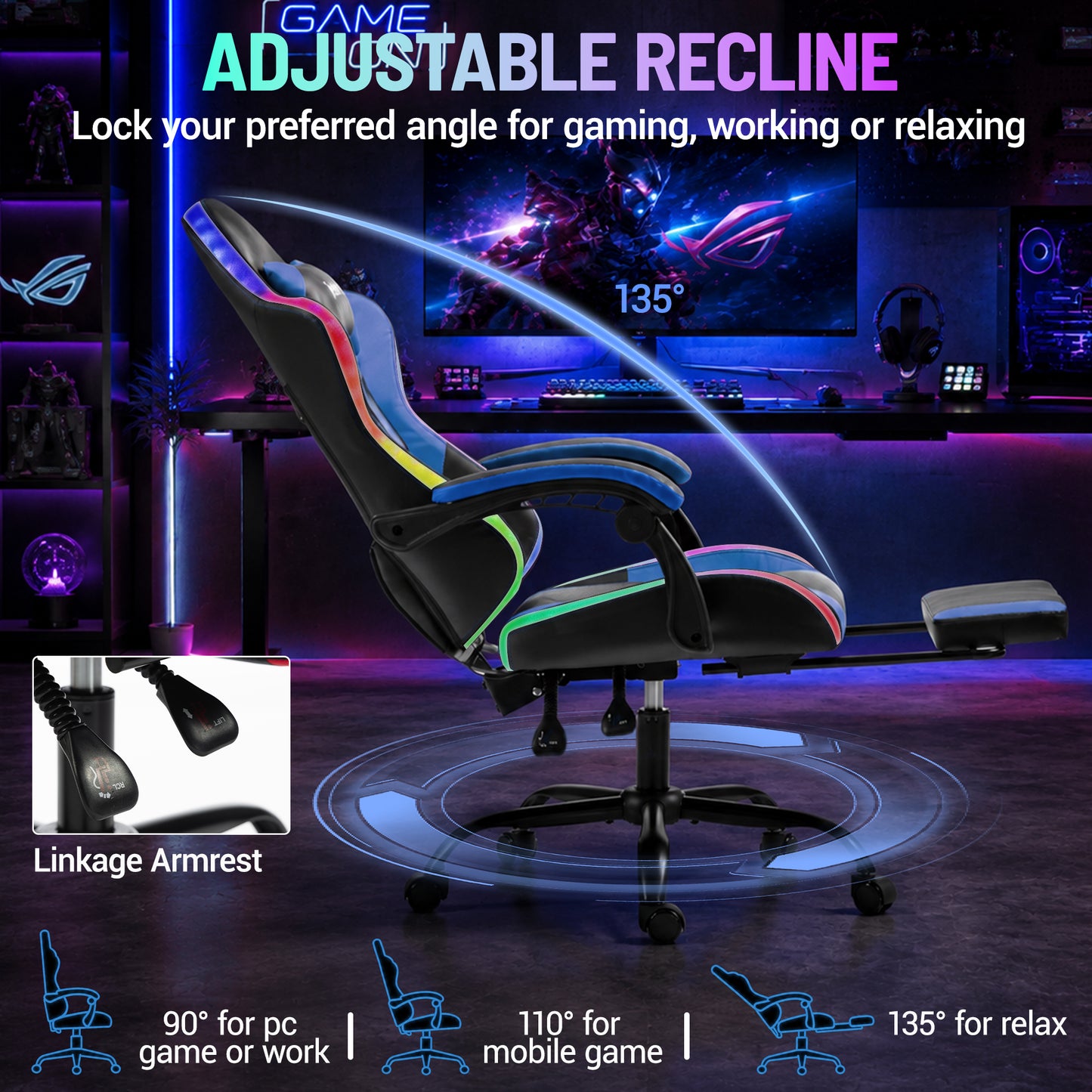 Delmango RGB Ergonomic Gaming Chair with Massage, LED Lights, Footrest, Lumbar Support, Blue