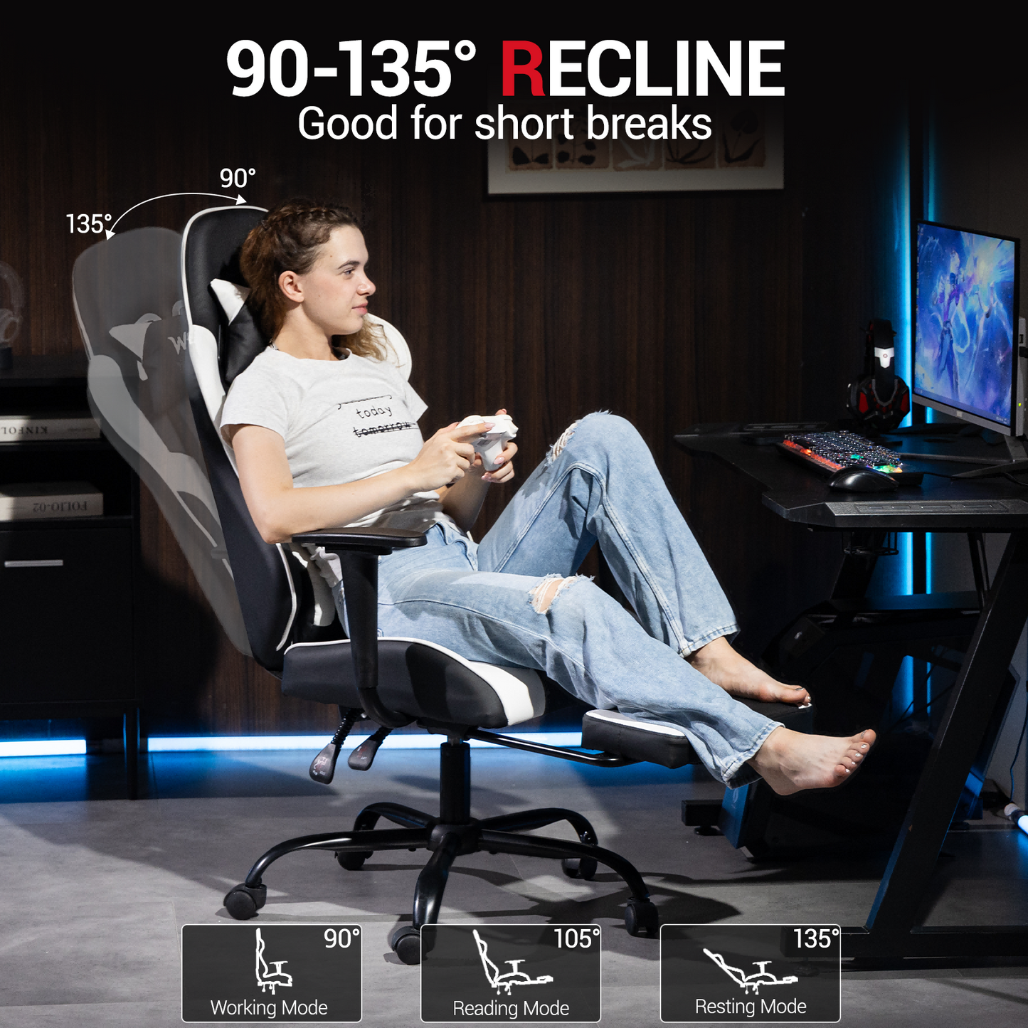 DELMANGO Massage Gaming Chair with Recline and Footrest, Racing Style PU Leather Office Desk Chair with Head Pillow for Adults, White