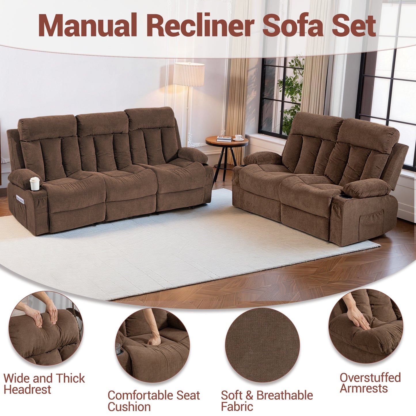 DELMANGO Manual Recliner Sofa Set for Home Theater, Office (Brown, Sofa+Loveseat)