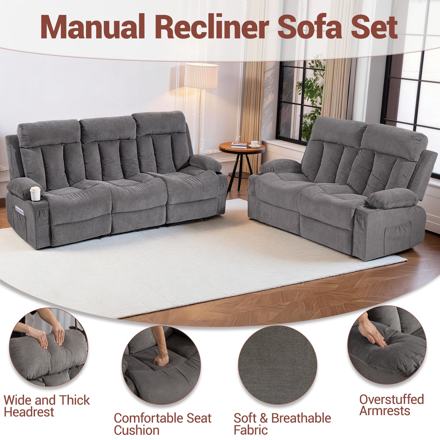 DELMANGO Manual Recliner Sofa Set for Home Theater, Office (Grey, Sofa+Loveseat)