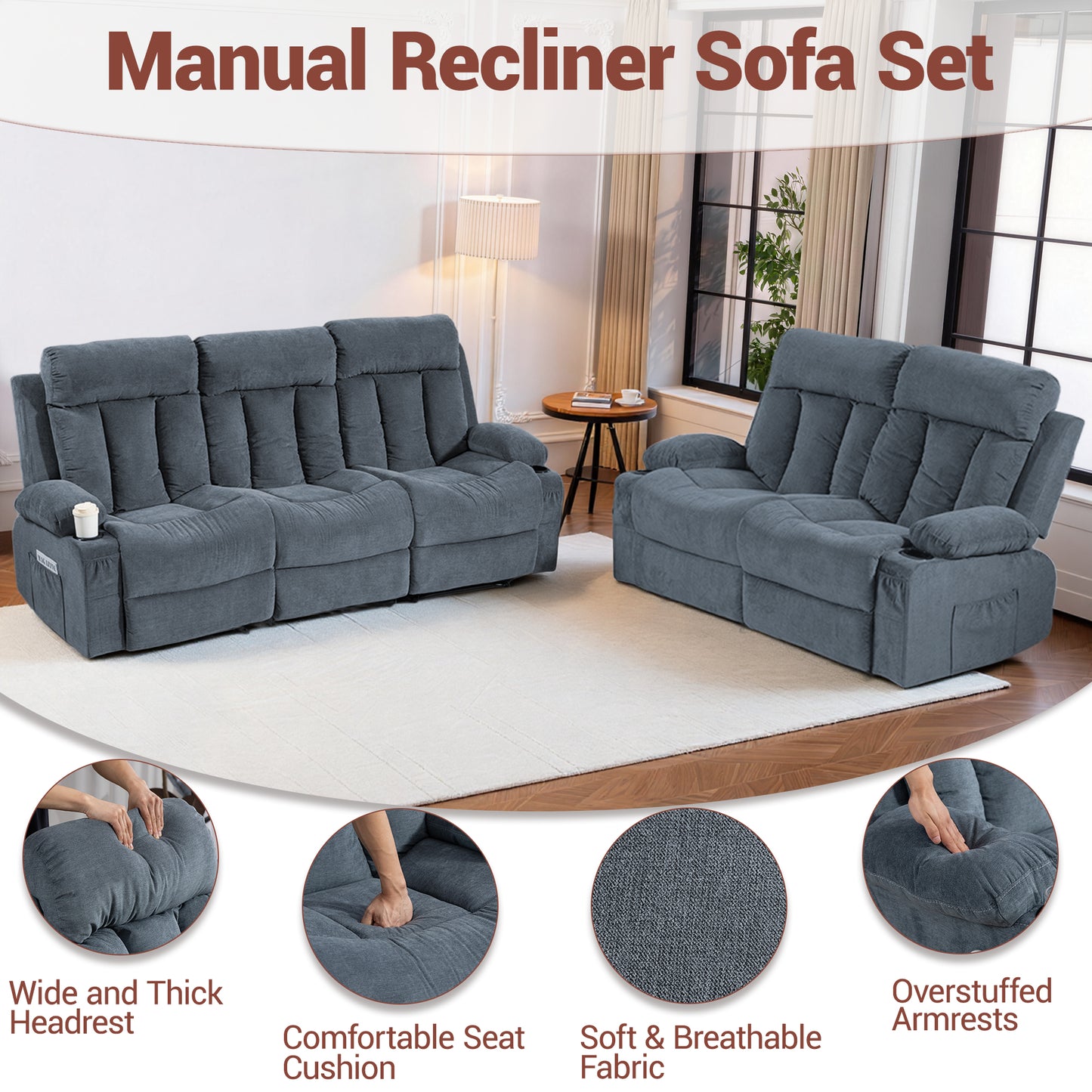 DELMANGO Manual Recliner Sofa Set for Home Theater, Office (Blue, Sofa+Loveseat)
