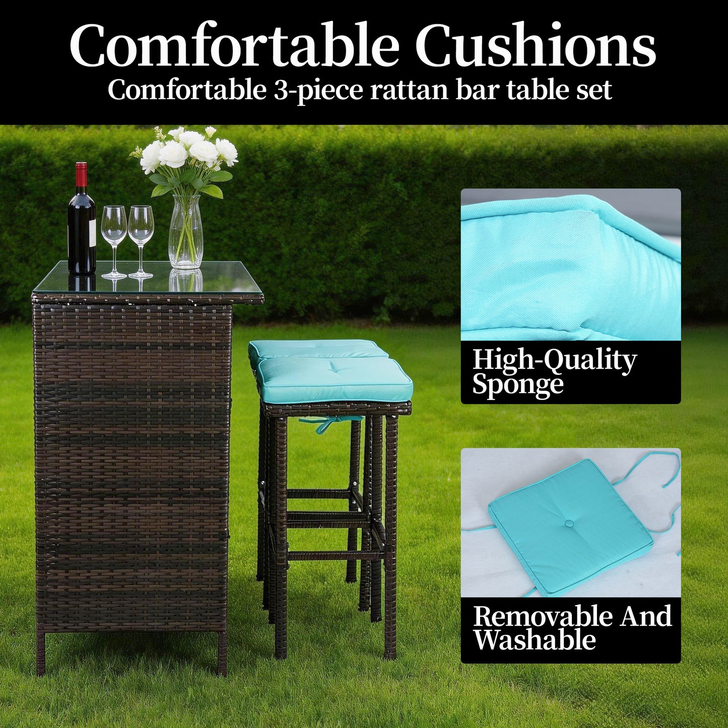 DELMANGO 3 Piece Patio Bar Set with 2 Storage Shelves, Glass Top Table, Two Cushioned Stools,Outside Bars for Patio Entertainment, Blue