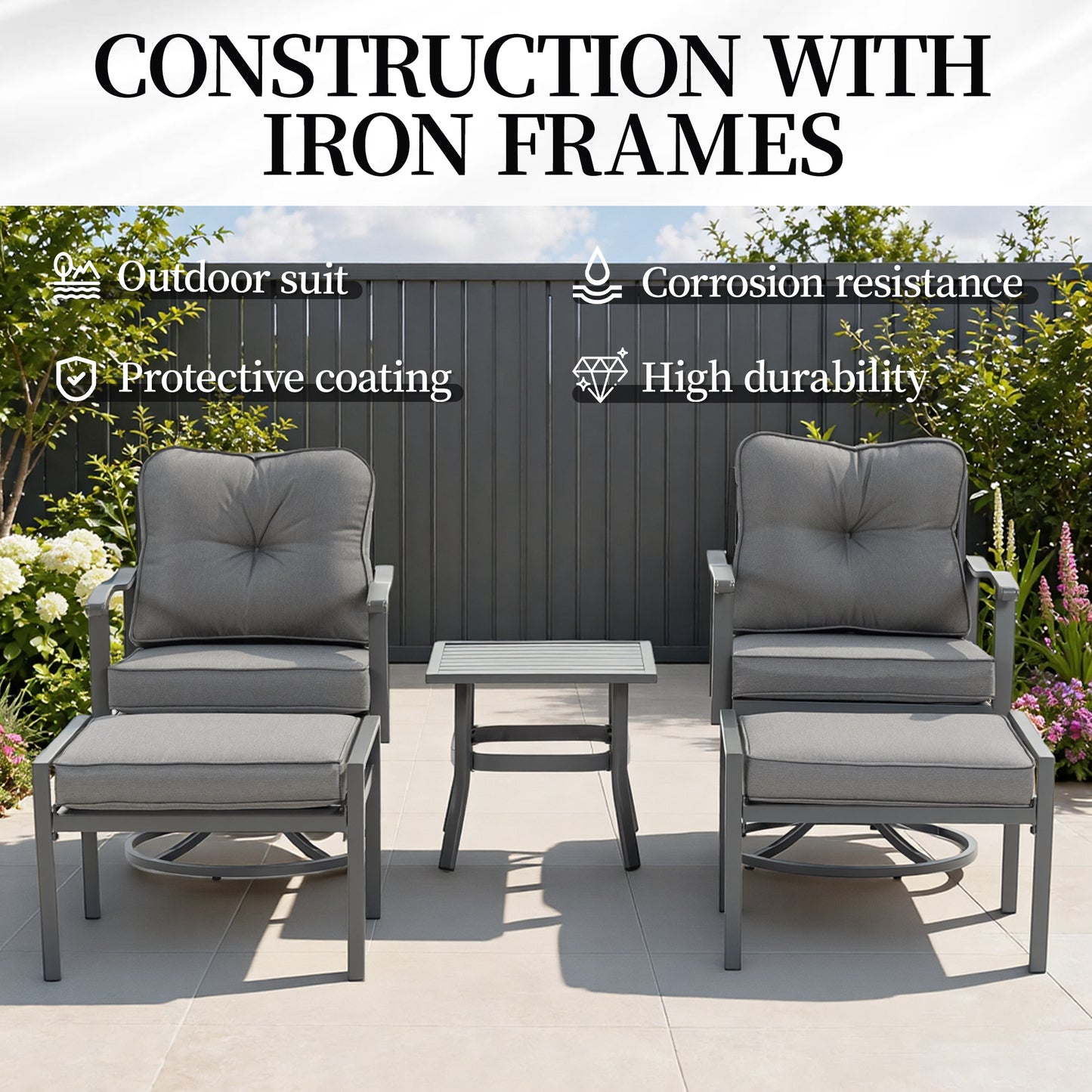 DELMANGO 5 Pieces Outdoor Patio Furniture Sets,Outdoor Metal Conversation Set Sofas with 2 Swivel Chairs,2 footstools,1 Side Table,Wrought Iron with Cushion