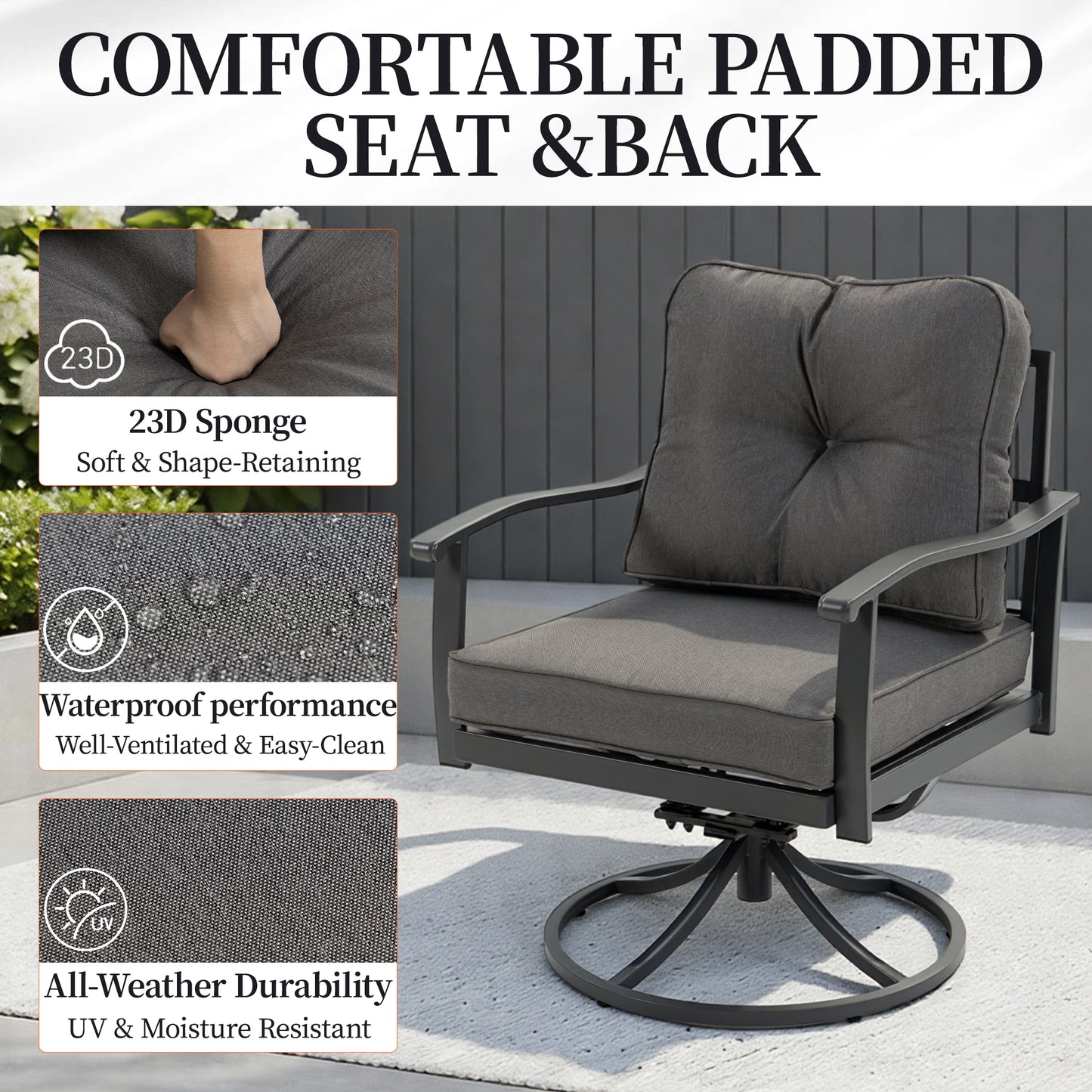DELMANGO 2 Pcs Swivel Chairs and Coffee Table, All-Weather Metal Modern Outside Furniture with Washable Thick Cushion for Garden/Backyard/Porch, Grey