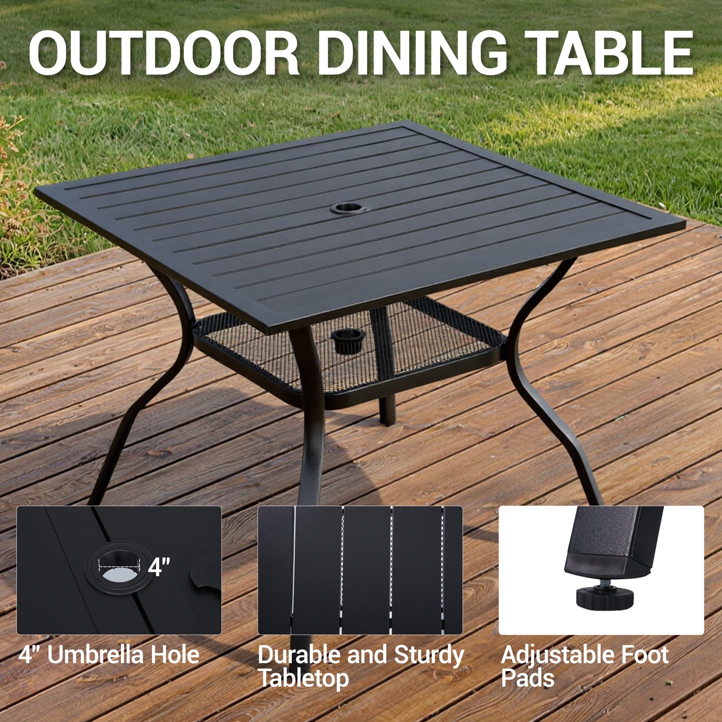 DELMANGO 37" Outdoor Dining Table for 4, Metal Square Patio Dining Table with Adjustable Umbrella Hole for Garden, Backyard and Porch, Black