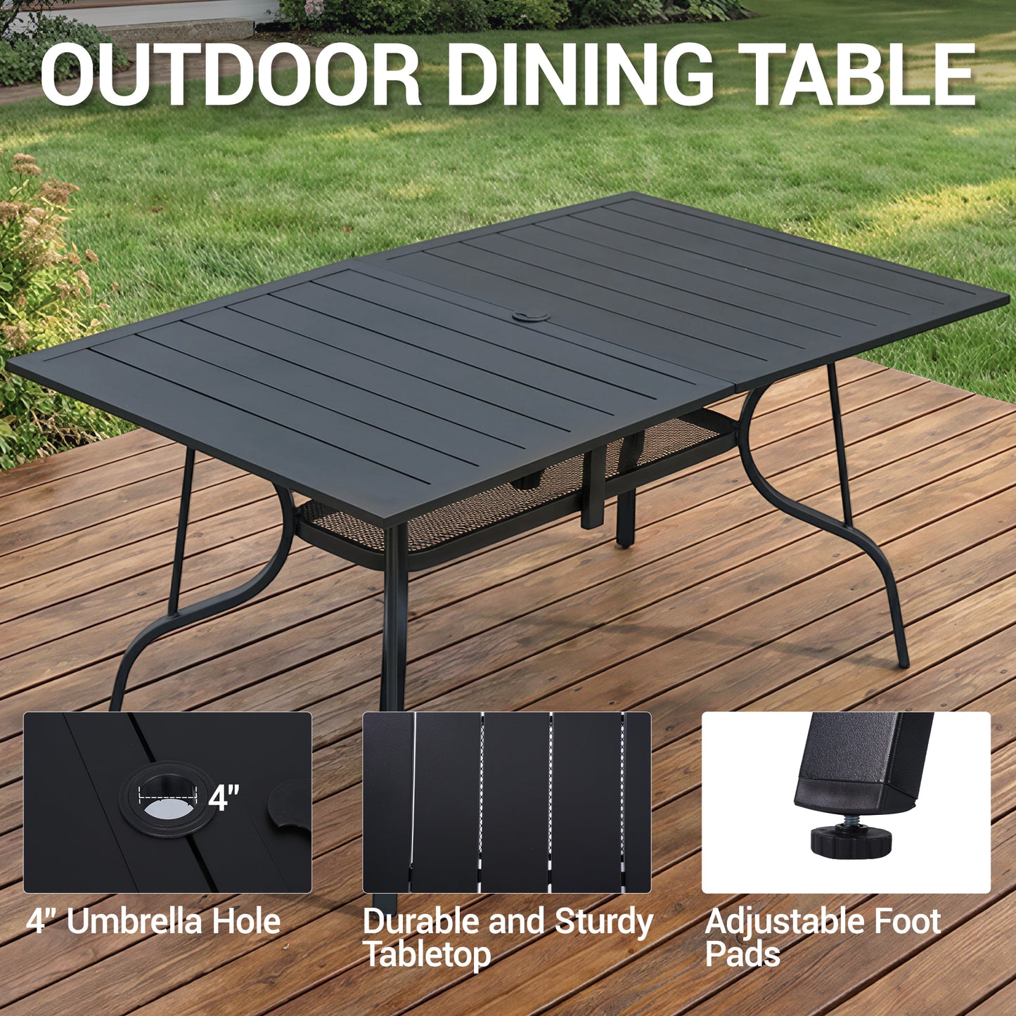 DELMANGO 63"x38" Outdoor Dining Table for 6, Metal Rectangle Patio Dining Table with Adjustable Umbrella Hole for Garden, Backyard and Porch, Black